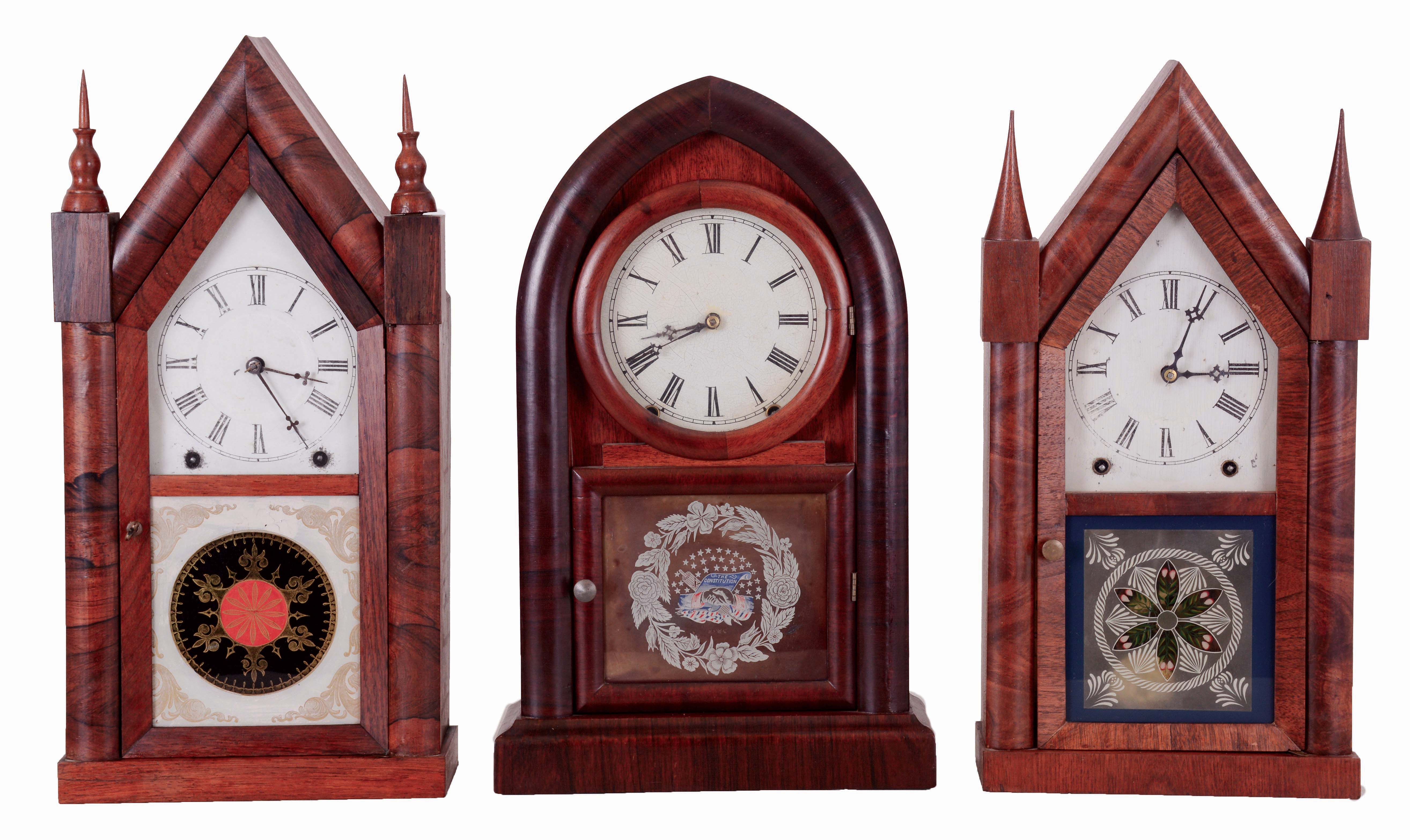 Clocks- 3 (Three) American: (1) Ansonia Brass &amp; Copper Co., 8 days, time and strike, spring driven brass movement beehive shelf clock, c1870; (2) Ansonia Brass &amp; Copper Co., 8 days, time and strike, spring driven brass movement Sharp Gothic or Steeple clock, c1870; (3) Ansonia Brass Co., 8 days, time and strike, spring driven brass movement Sharp Gothic or Steeple clock, c1860. — Antique Clocks Price Guide