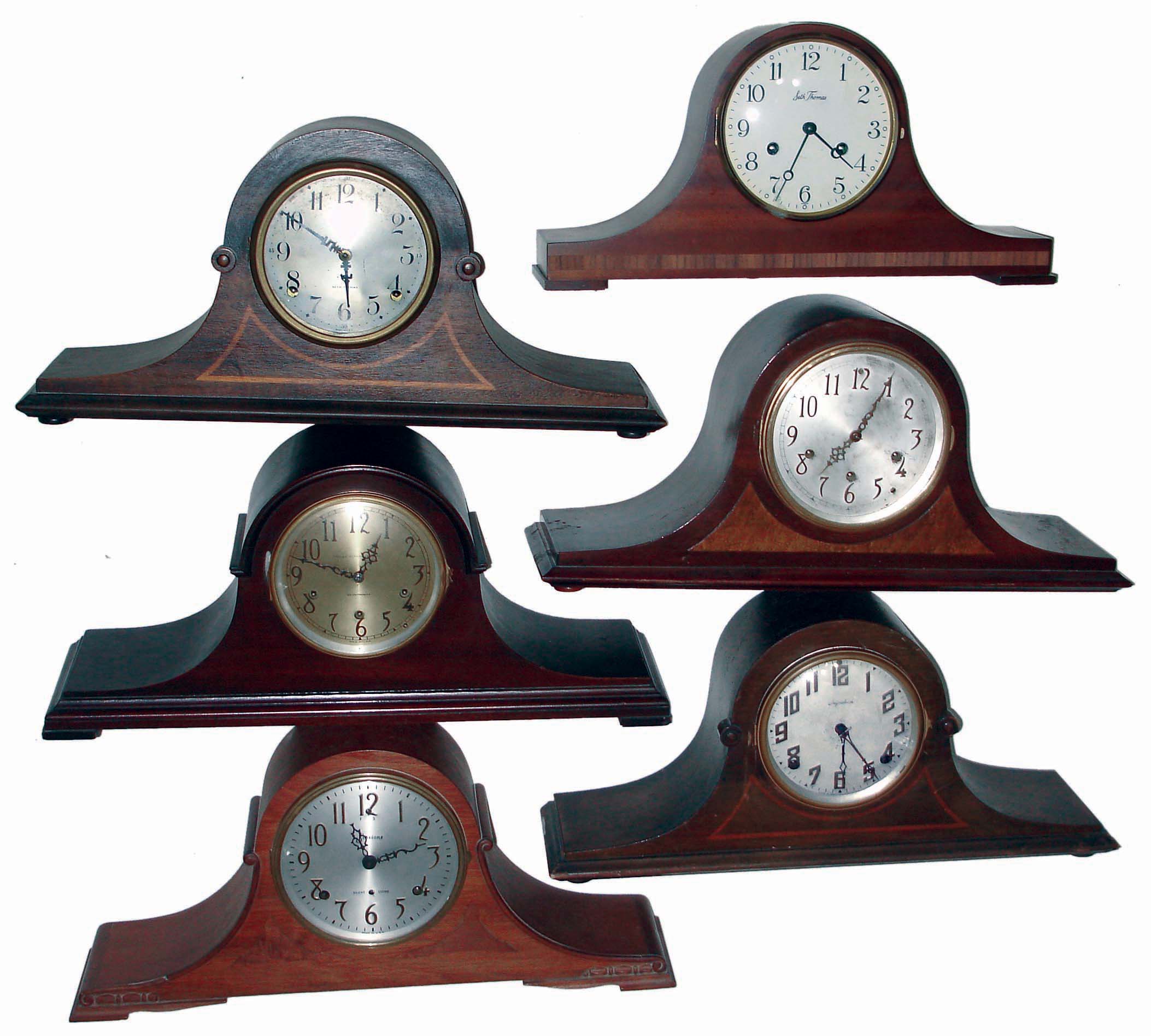 Clocks- 11 (Eleven) tambour mahogany, 8 days, time and strike mantel clocks, 3 also Westminster chime: makers include Seth Thomas, Sessions, Ingraham, New Haven, Waterbury, and Colonial. 20th century — Antique Clocks Price Guide