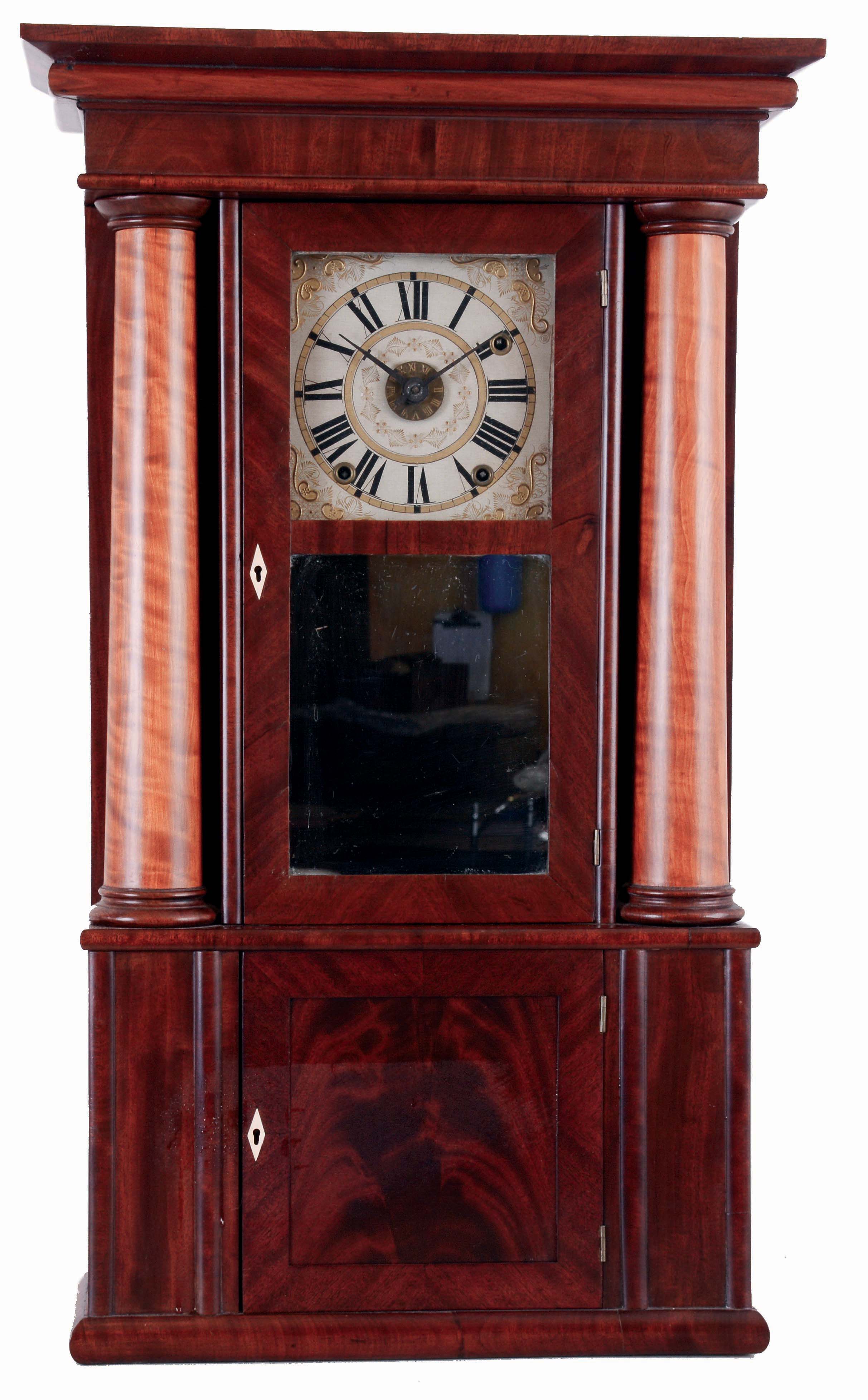 Rodney Brace, North Bridgewater, Mass., false hollow column shelf clock in a mahogany case with maple columns and a 30 hours, weight driven time, strike and alarm wooden movement, c1835. — Antique Clocks Price Guide