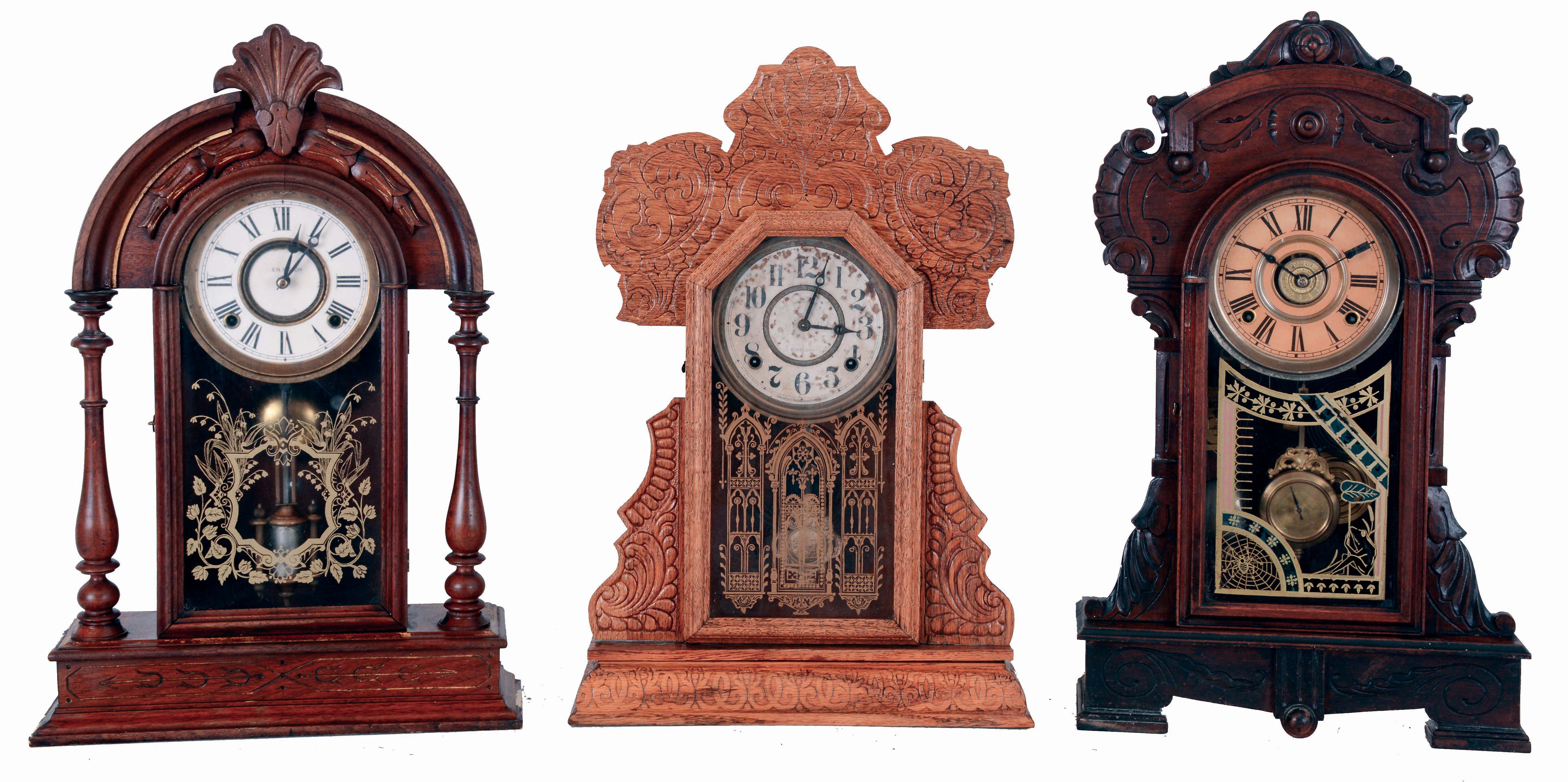 Clocks- 3 (Three) American: (1) E. N. Welch Mfg. Co., 8 days, time and strike, spring driven brass movement shelf clock, c1870; (2) Waterbury Clock Co., 8 days, time, strike, and alarm, spring driven brass movement shelf clock, c1885; (3) E. Ingraham &amp; Co., 8 days, time and strike spring driven brass movement, pressed oak shelf clock, c1915. — Antique Clocks Price Guide