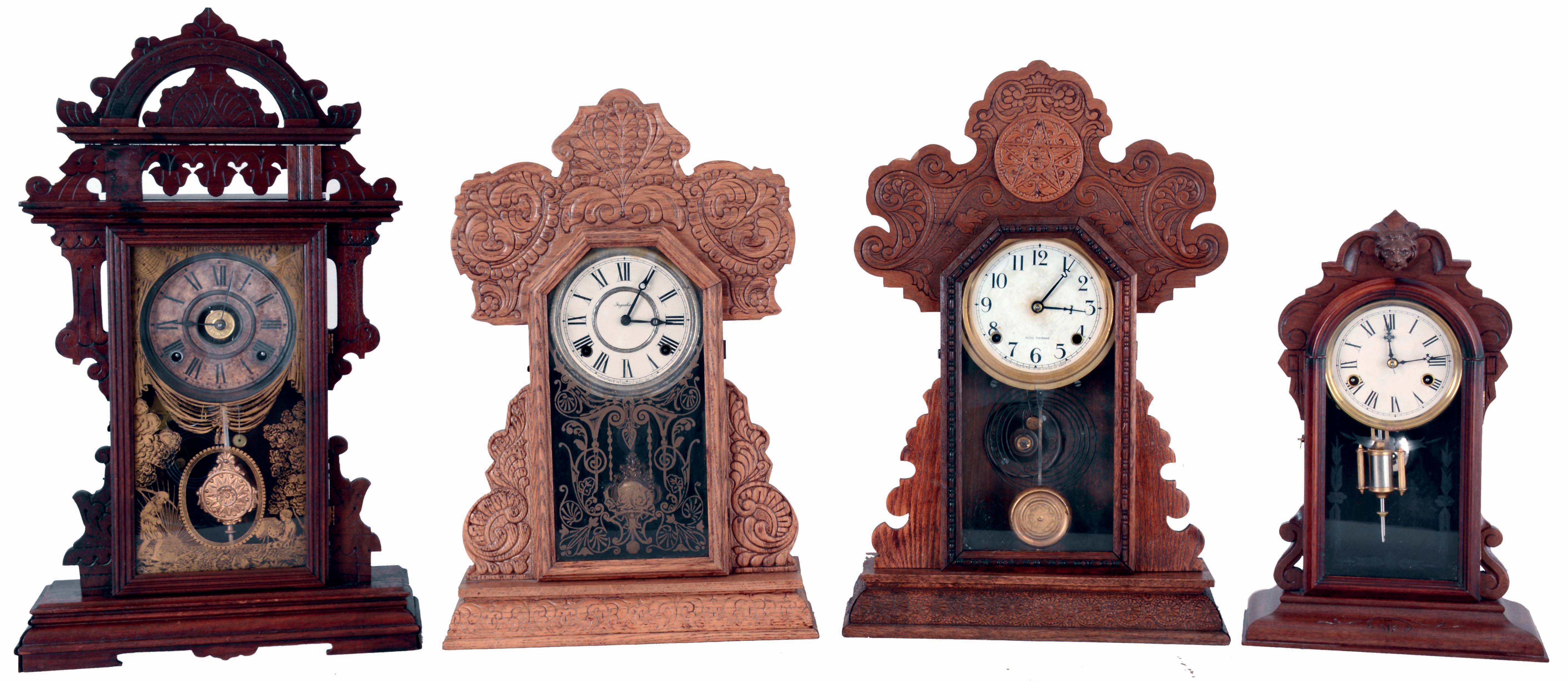 Clocks- 4 (Four) American: (1) Seth Thomas Clock Co., 8 days, time and strike, spring diven brass movement oak kitchen clock, c1910; (2) E. N. Welch Mfg. Co., "Donita", 8 days, time, strike and alarm spring driven brass movement shelf clock; (3) E. Ingraham &amp; Co., "Cayuga" 8 days, time and strike oak kitchen clock, c1915; (4) Wm. L. Gilbert "Leda" 8 days, time and strike walnut parlor clock, c1879. — Antique Clocks Price Guide