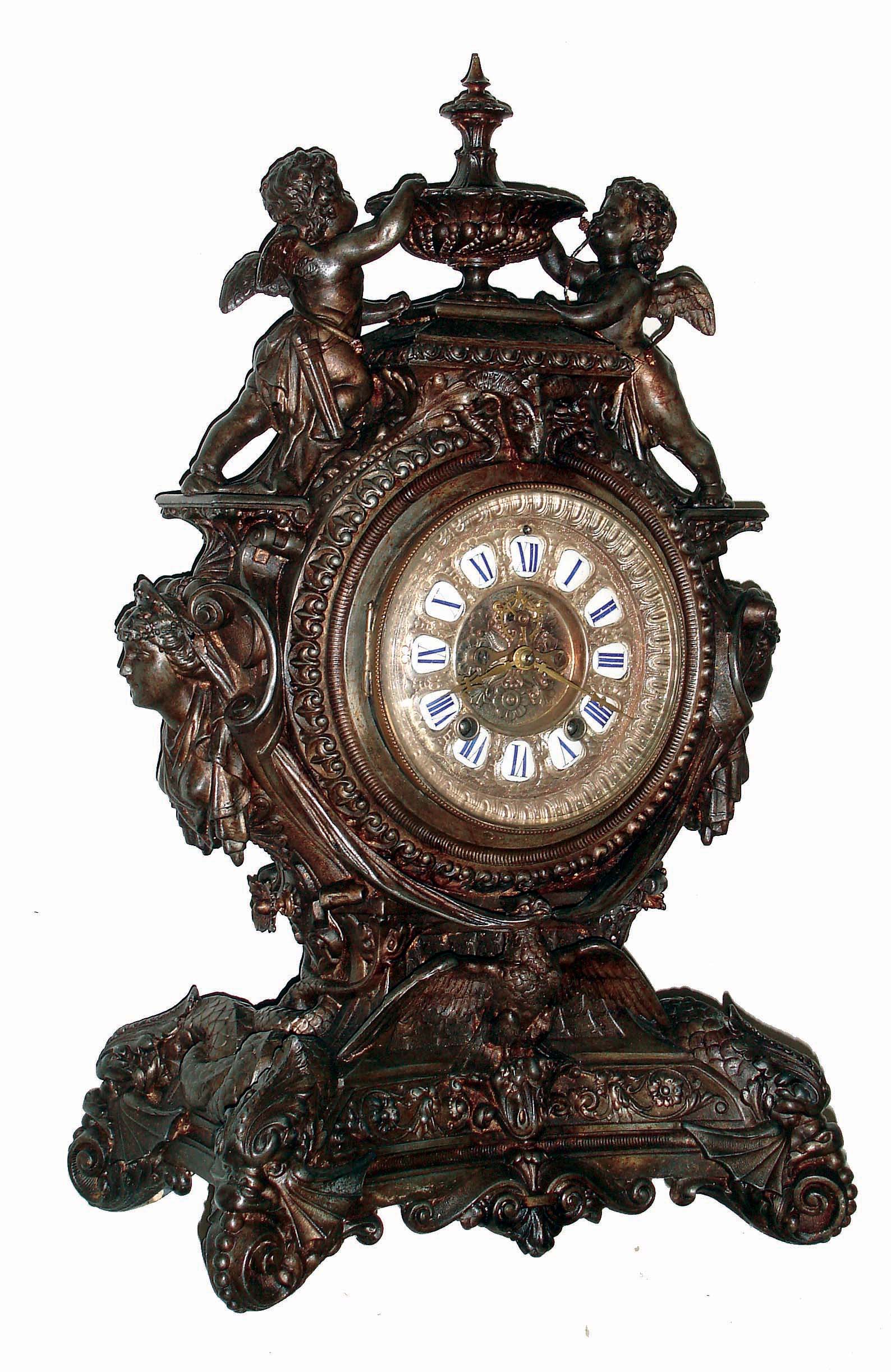 Ansonia Clock Co., New York, NY, "Lydia" cast metal "Barbedienne" finish, 8 days, time and strike mantel clock, visible escapement, c1894 — Antique Clocks Price Guide