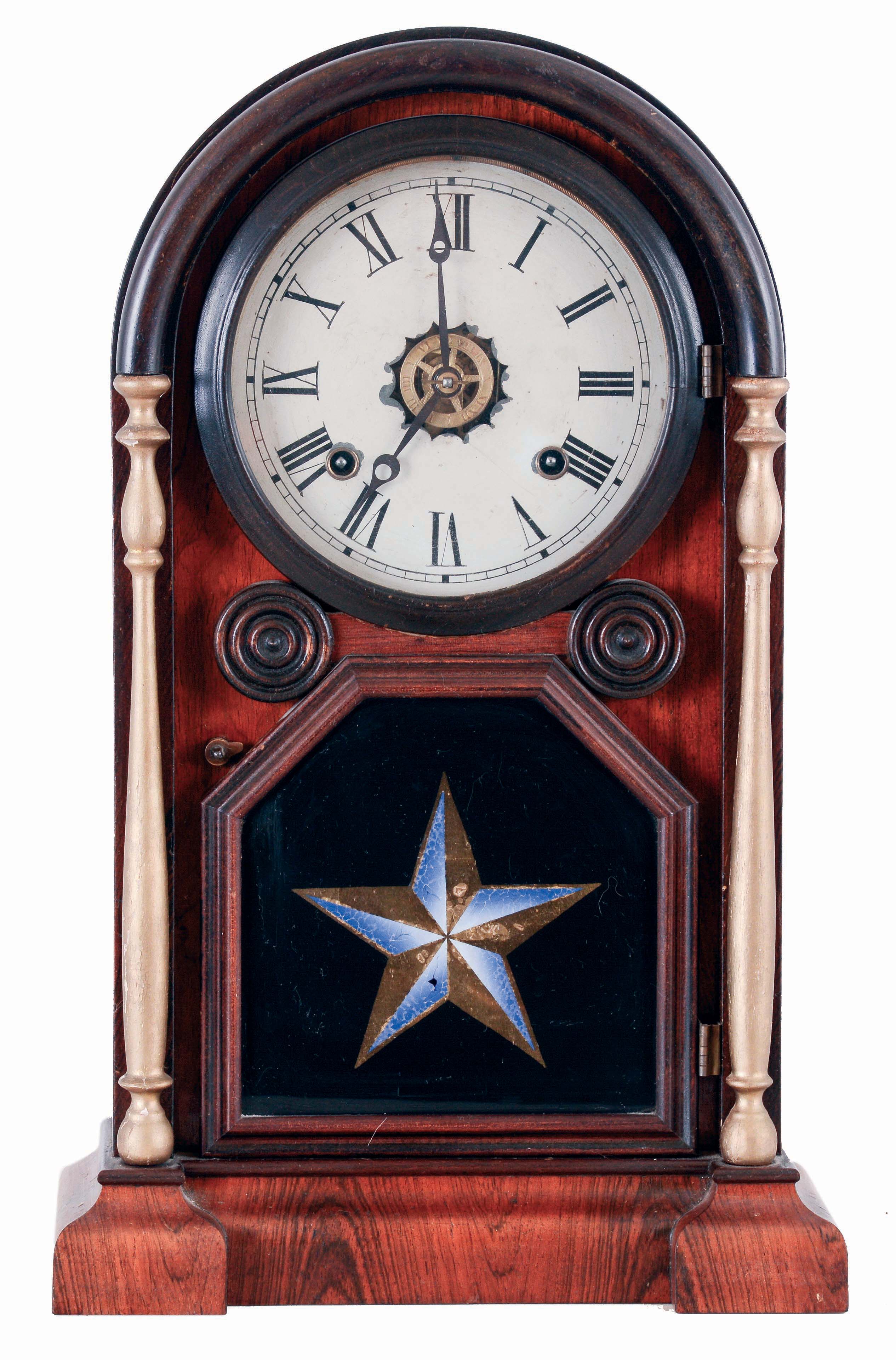 Welch, Spring &amp; Co., Forestville, Conn., "Italian No. 1", 8 days, time, strike and alarm, spring driven brass movement shelf clock, c1878 — Antique Clocks Price Guide
