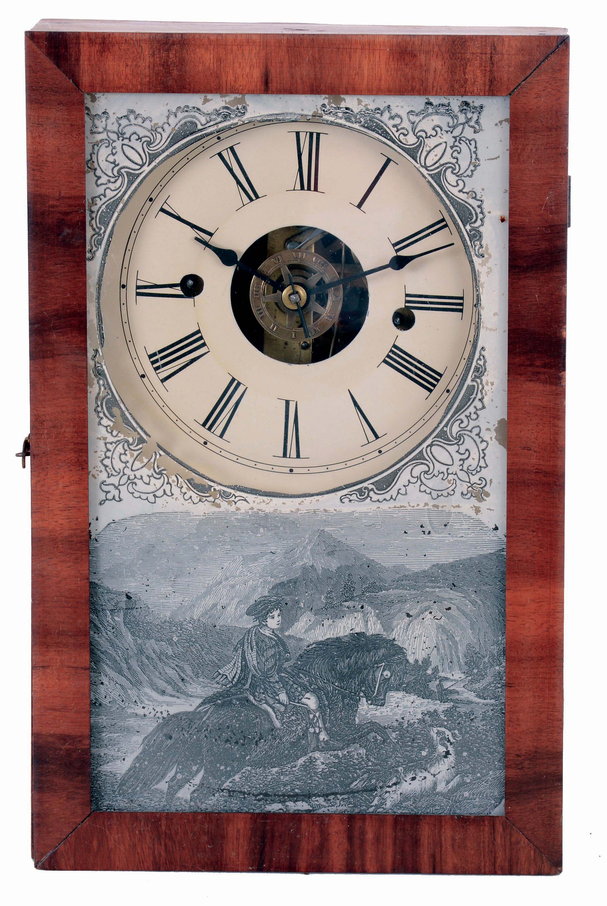 Ansonia Clock Co., Ansonia, Conn., Cigar Box shelf clock in mahogany veneer with correct Terry &amp; Andrews, Bristol. Conn. 30 hours, spring driven, time and alarm movement, c1850. — Antique Clocks Price Guide