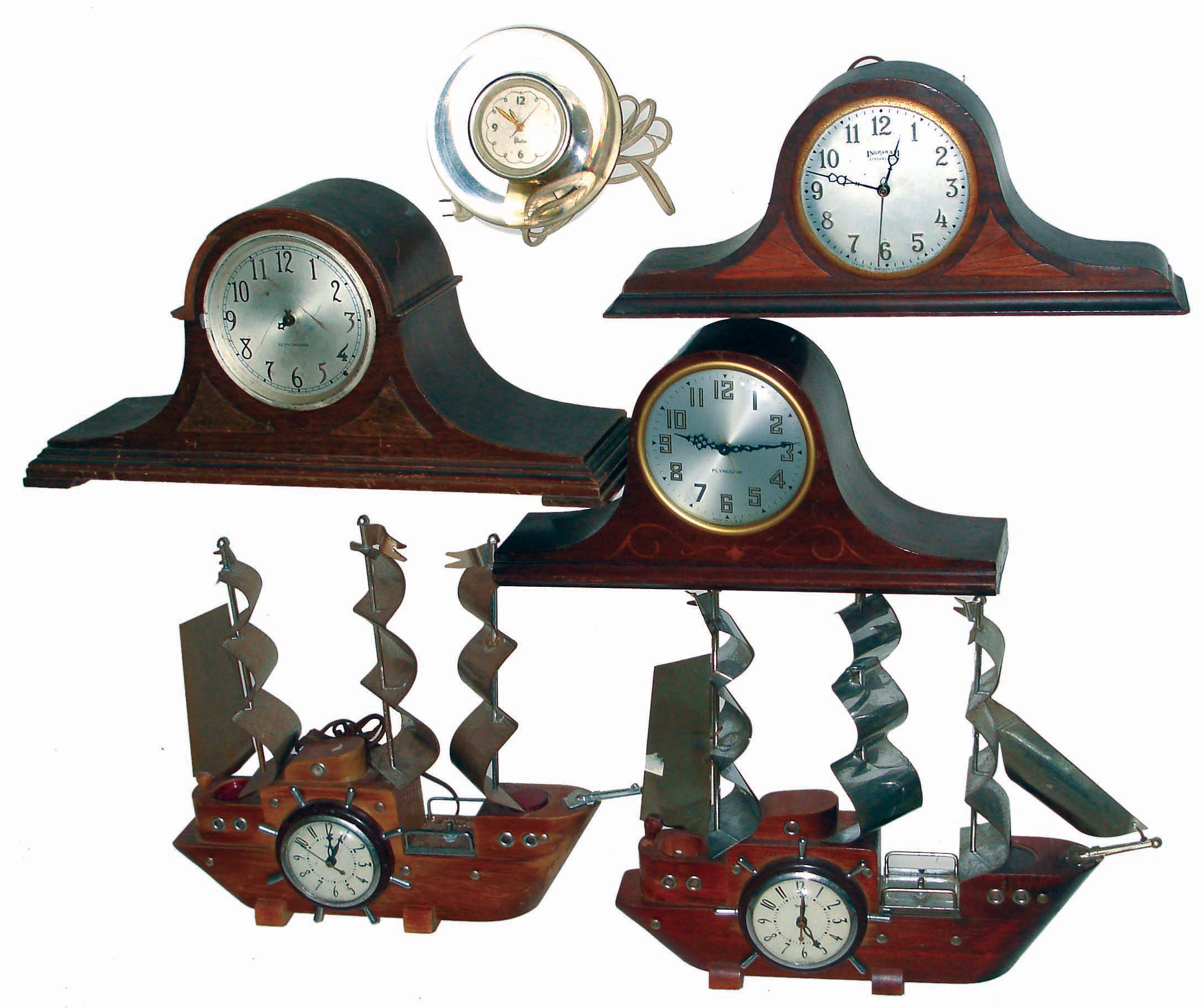 Clocks- 21 (Twenty-one) plug-in electric, and small novelty and desk; makers include Gilbert (for World Radio Corp.), Lux (tape measure), Seth Thomas, Waterbury, Revere, United, Chelsea (Lucite), Ingraham, Plymouth, GE, and Telechron. 20th century — Antique Clocks Price Guide