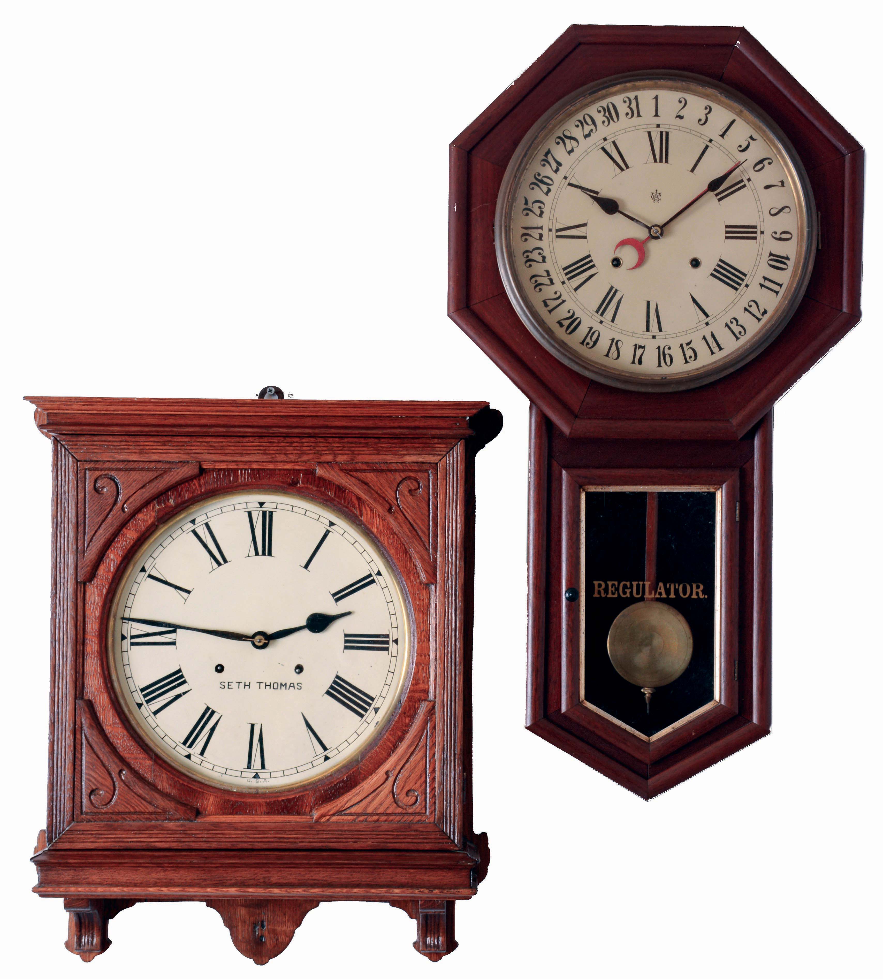 Clocks- 2 (Two): (1) Waterbury Clock Co., Waterbury, Conn. "Regent" wall clock in mahogany veneer with 8 days, time and strike, spring drivenmovement with simple calendar, c1902; (2) Seth Thomas Clock Co., Thomaston, Conn. "Office No. 5" wall clock in old oak veneer with 8 days, time and strike, spring driven movement, c1909. — Antique Clocks Price Guide
