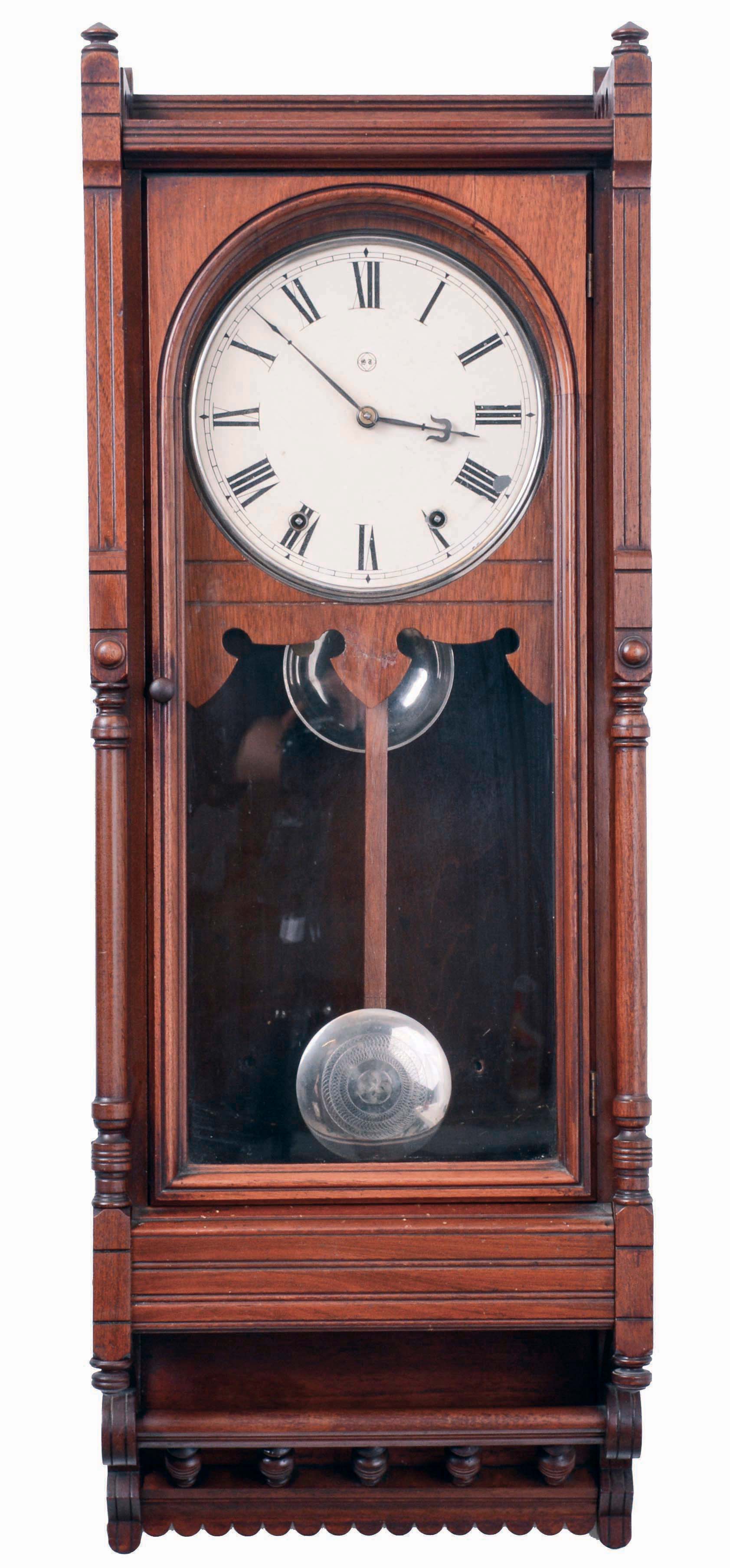 Seth Thomas Clock Co., Thomaston, Conn. "Queen Anne" wall clock in walnut case with spring driven, 8 days, time and strike movement; c1888. — Antique Clocks Price Guide