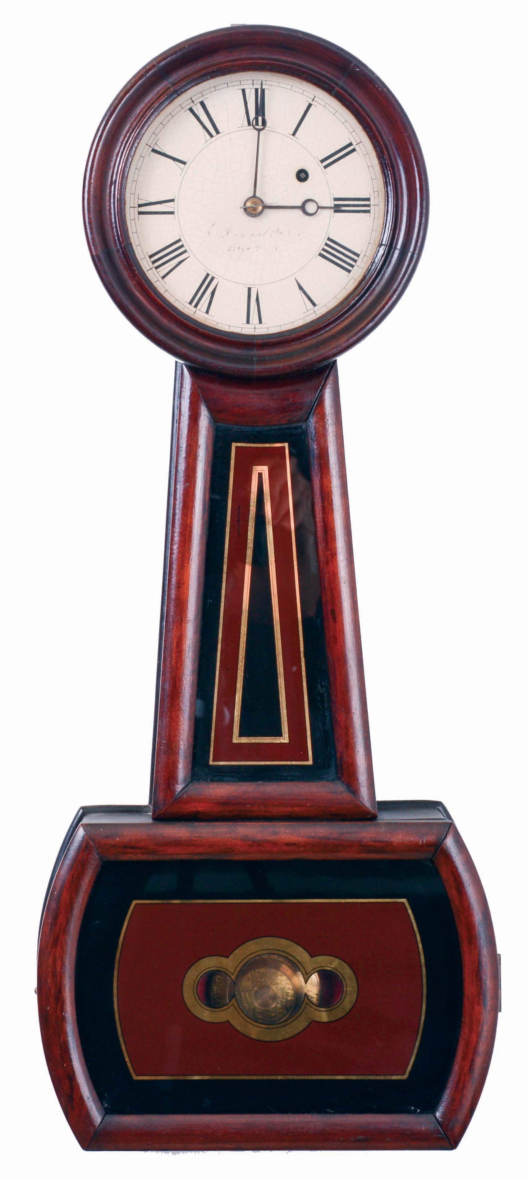 E. Howard &amp; Co., Boston, Mass., "No 5. Regulator" banjo clock, cherry case, turned wooden bezel, and rosewood graining, Roman numeral white painted dial, blued steel hands. Properly signed weight driven, 8 days, timepiece movement, c1900 — Antique Clocks Price Guide