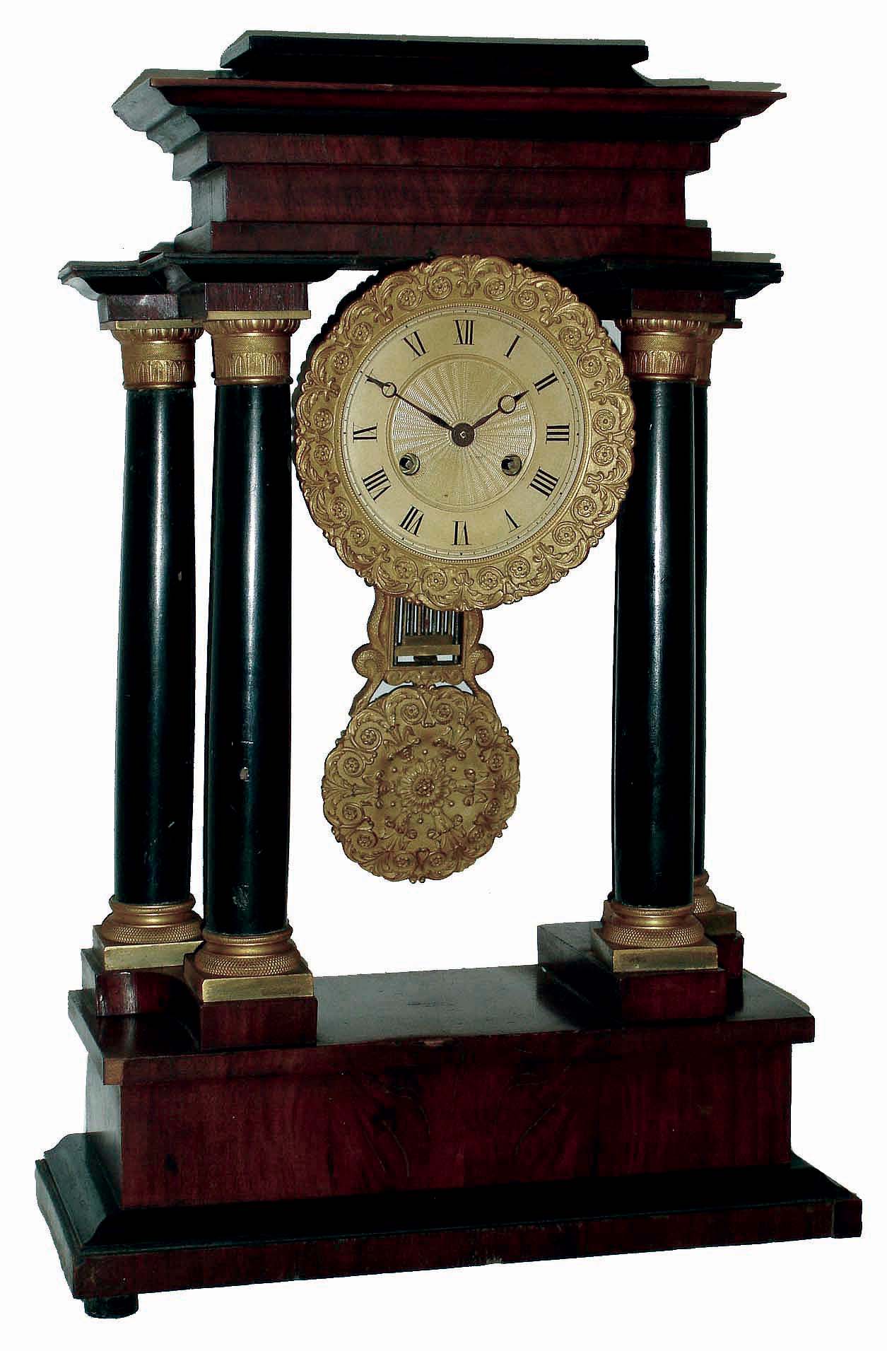 Clocks- 5 (Five) 8 day: French, time and strike, stained and enameled hardwood and cast brass portico mantel clock, c1870; French white marble, time and strike mantel clock, Japy Freres movement 1855 Medaille; Seth Thomas 4-jewel small mahogany, time only desk clock; Seth Thomas round-top Adamantine time and strike; Seth Thomas "Sharon 10W" steeple shelf clock with spring driven, 8 days, time &amp; strike movement c1961; 19th and 20th centuries — Antique Clocks Price Guide