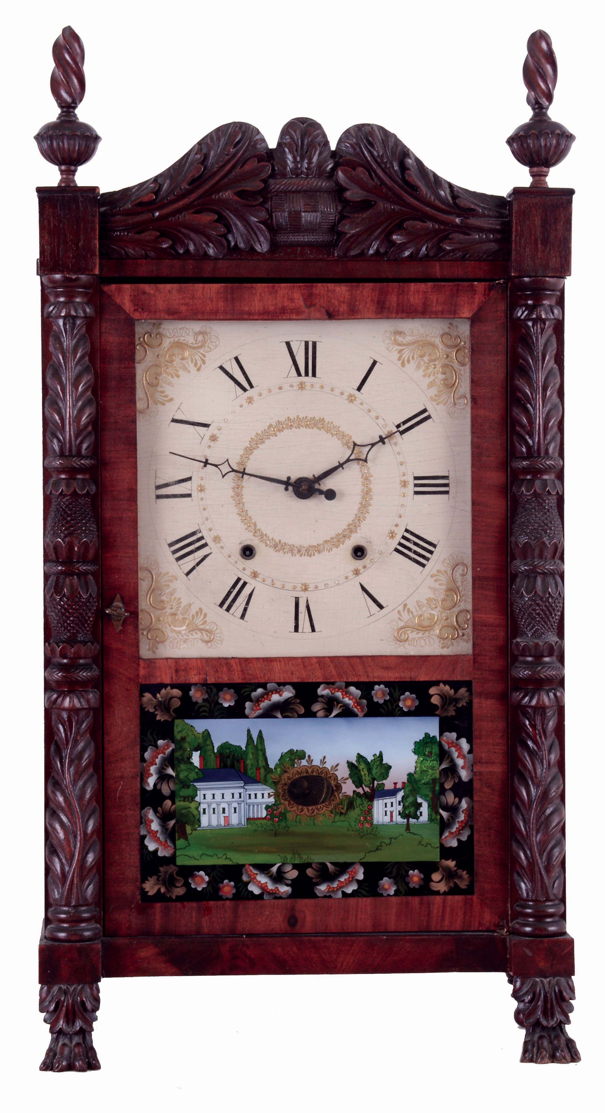 Ephraim Downs, Bristol, Conn., mahogany carved column and splat shelf clock with 30 hours, time and strike, weight driven wood movement, c1828. — Antique Clocks Price Guide