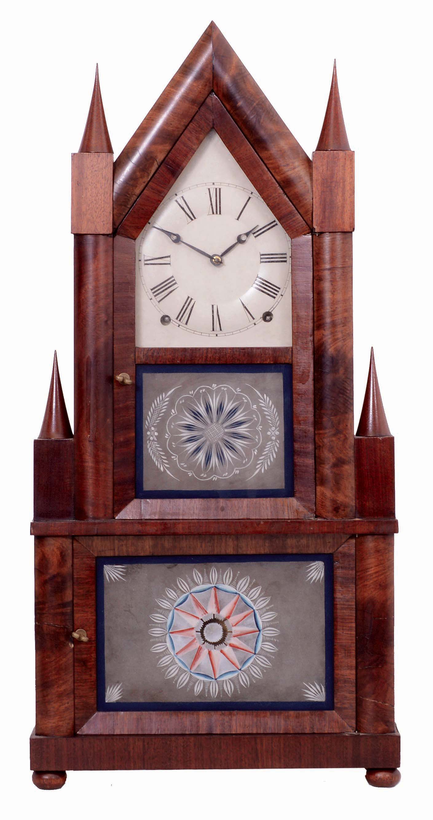 Terry &amp; Andrews, East Bristol, Conn. "Steeple on Steeple" mahogany shelf clock with 8 days, time and strike, brass lyre movement, c1848. — Antique Clocks Price Guide