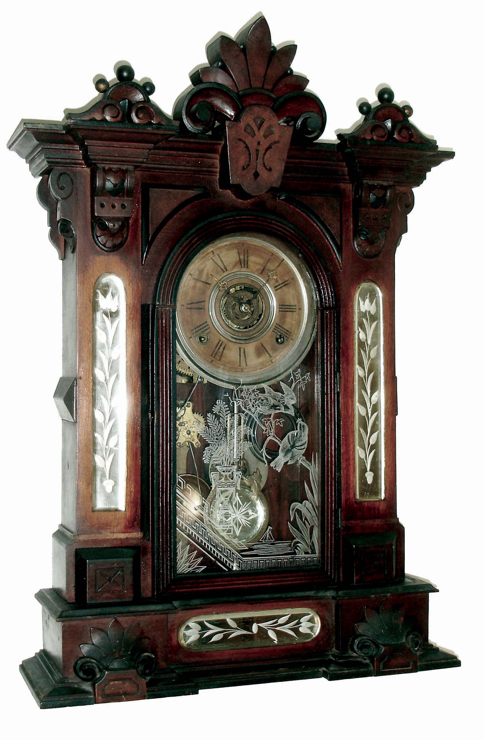 Wm. L. Gilbert Clock Co., Winsted, Conn., "Amphion" model, 8 days, time, strike and alarm, spring driven shelf clock in a walnut case with cut glass mirror panels in sides and base, c1885. — Antique Clocks Price Guide