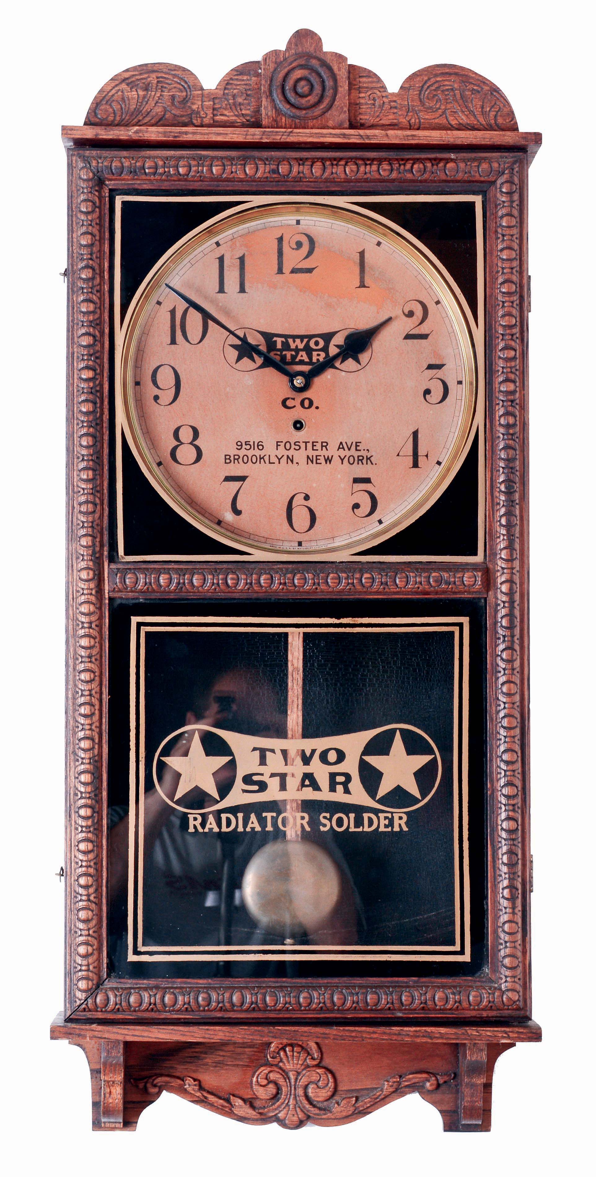 Waterbury Clock Co., Waterbury, Conn., "Crane" model advertising wall clock with an 8 days, spring driven brass timepiece movement, c1912. — Antique Clocks Price Guide