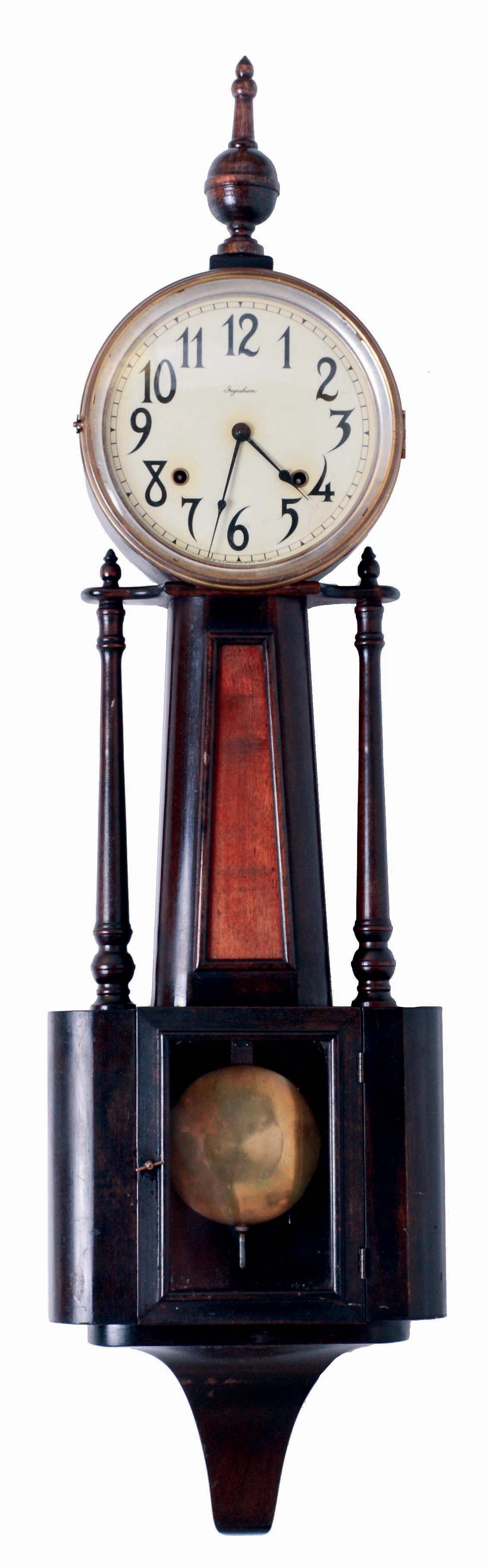 Clocks- 2 (Two): (1) New Haven Clock Co., "Waring", 8 days, time and strike, spring driven brass movement banjo clock. (2) E. Ingraham &amp; Co., "Nile", 8 days, time and strike, spring driven brass movement banjo clock, c1915 — Antique Clocks Price Guide