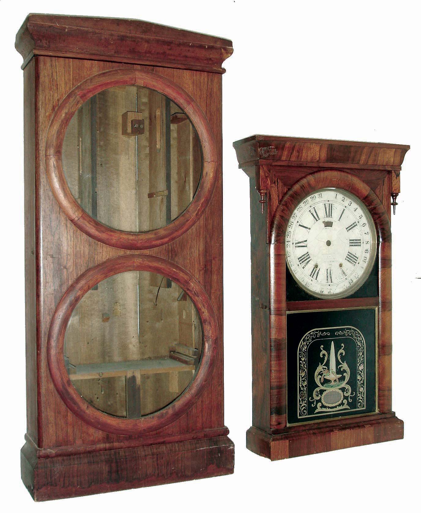 Clocks- 5 (Five): (1) Ansonia Brass &amp; Copper Co., Ansonia, Conn. 8 days, time and strike, weight driven brass calendar movement shelf clock case (only), c1870; (2) Seth Thomas, Thomaston, Conn., "Office Calendar No. 2" double dial calendar clock case (only), c1870; (3) New Haven Clock, New Haven, Conn., 8 days, time and strike, small column &amp; cornice shelf clock, c1860. (4) probably E. O. Goodwin, Bristol, Conn., 8 days, time and strike, miniature column &amp; cornice shelf clock, c1852. (5) Ansonia Clock Co., Ansonia, Conn., 8 days, time and strike, mahogany veneered case small OG shelf clock, c1875 — Antique Clocks Price Guide