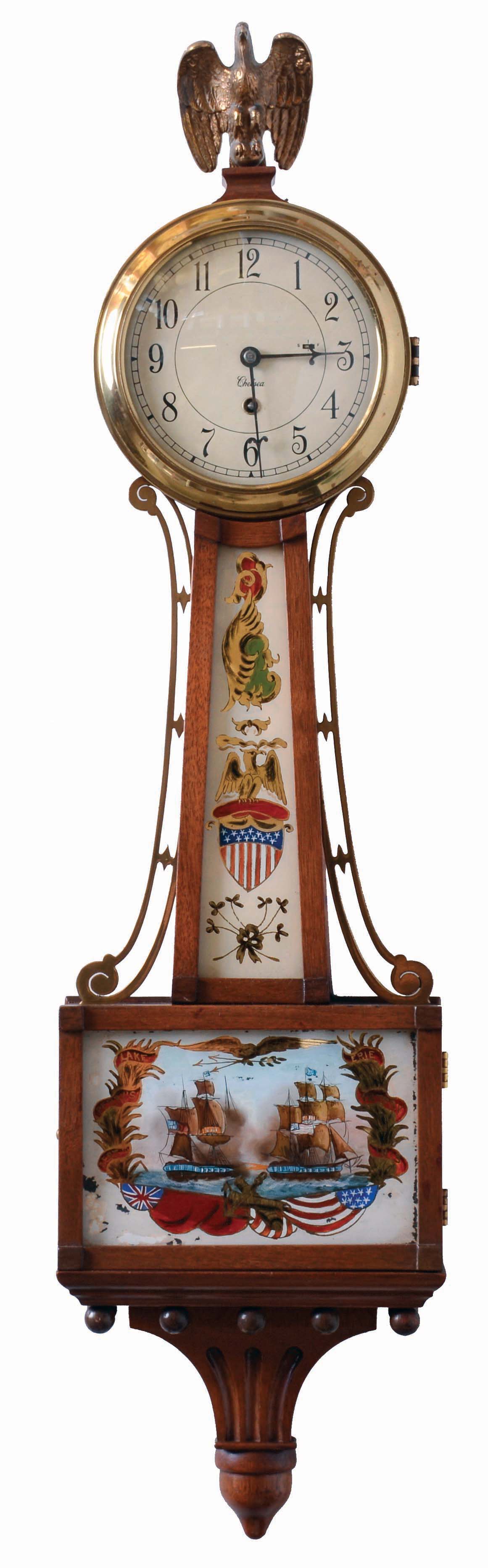 Chelsea Clock Co., Boston, Mass., 8 days, spring driven brass movement with balance wheel, 3/4 size banjo wall timepiece, serial #523484, c1947 — Antique Clocks Price Guide