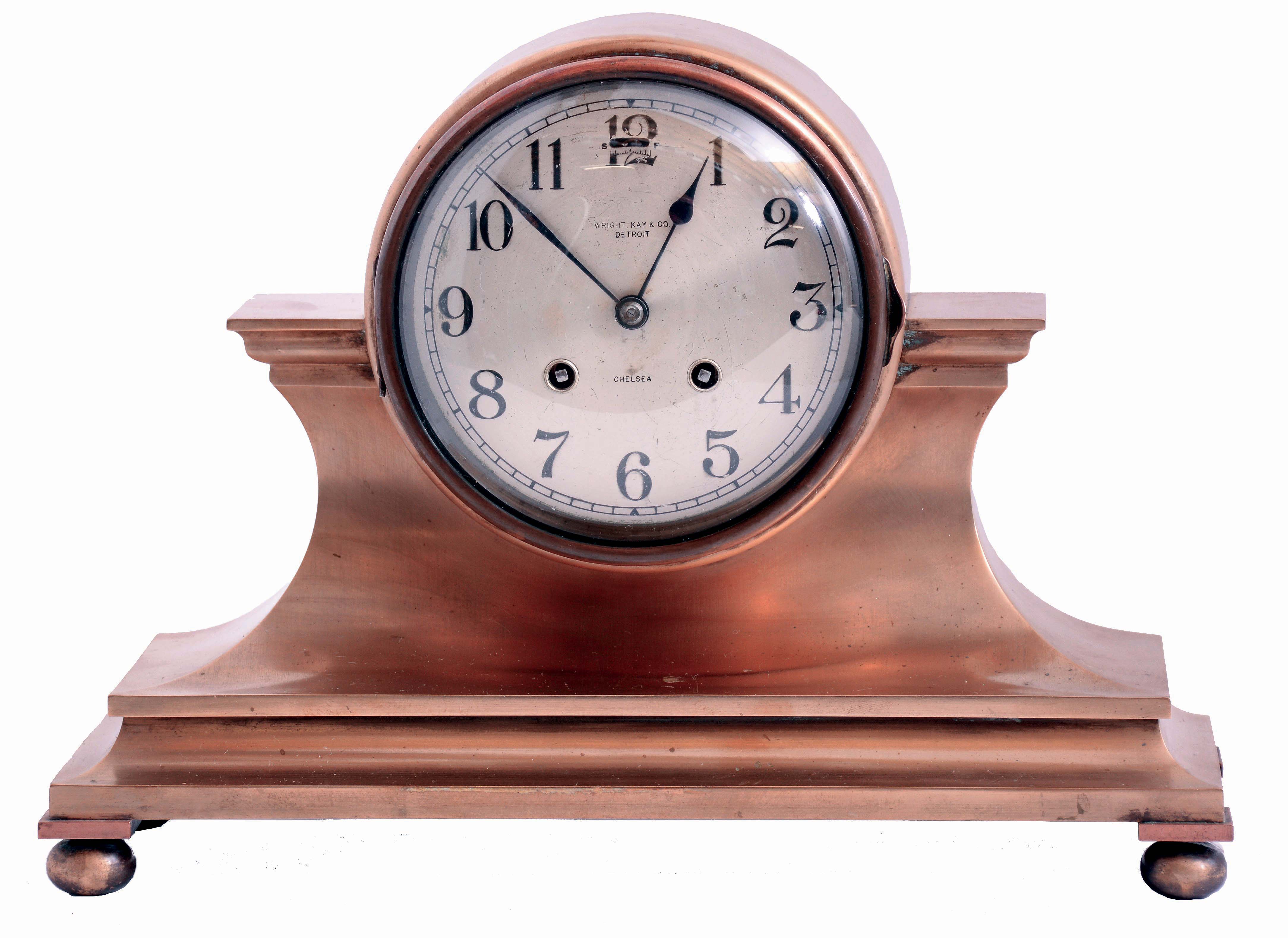 Chelsea Clock Co., Boston, Mass., "Tambour No. 1", 8 days, time and house strike, spring driven brass lever movement mantel clock. Serial No. 163040, c1924 — Antique Clocks Price Guide