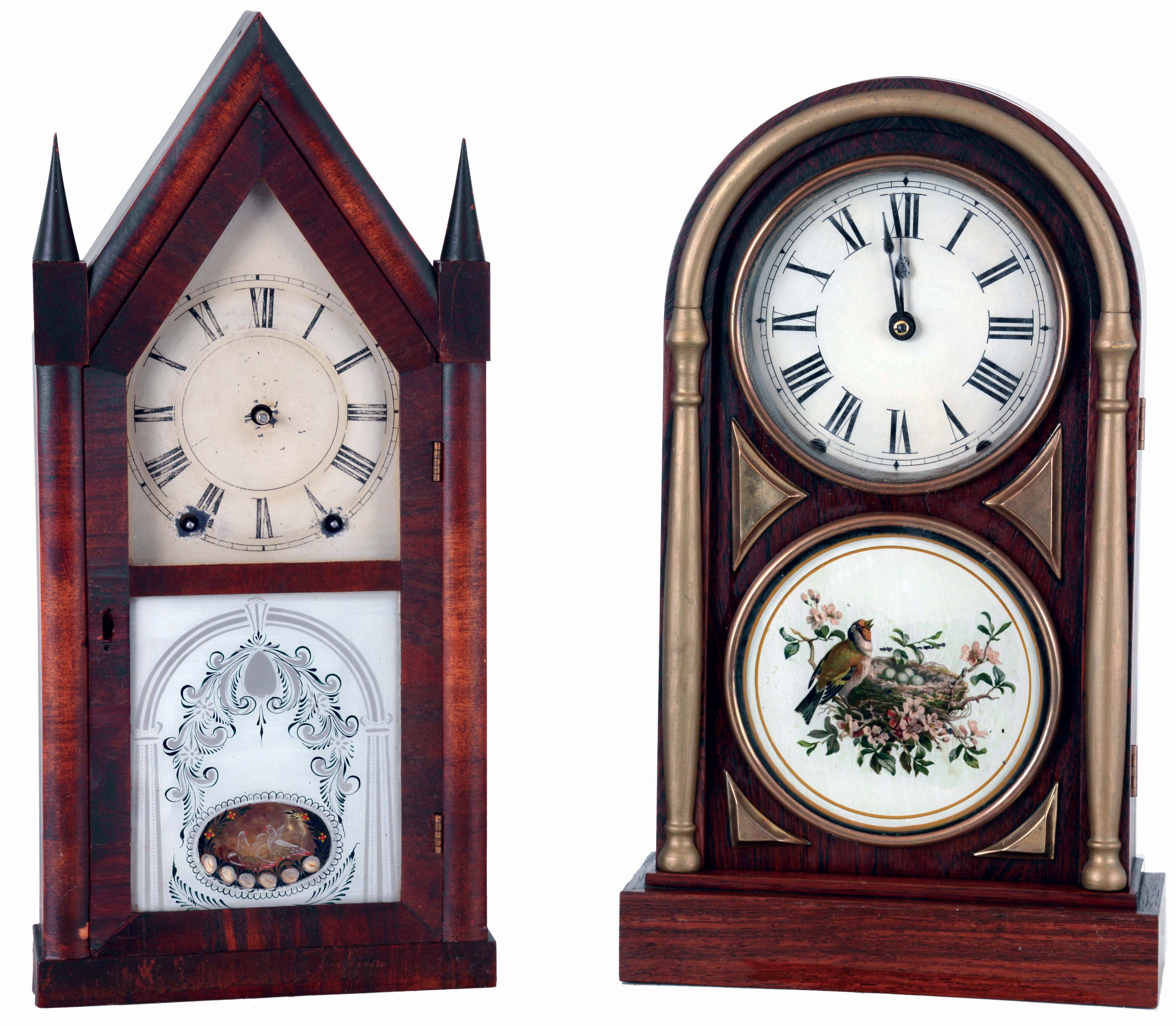 Clocks- 2 (Two): (1) Brewster and Ingrahams, Bristol, Conn., steeple clock in mahogany case with a 30 hours, spring driven, time and strike brass movement, c1845.; (2) Seth Thomas Clock Co., Thomaston, Conn "Chicago" mantel clock in a rosewood case with an 8 days, spring driven, time and strike movement, c1884. — Antique Clocks Price Guide
