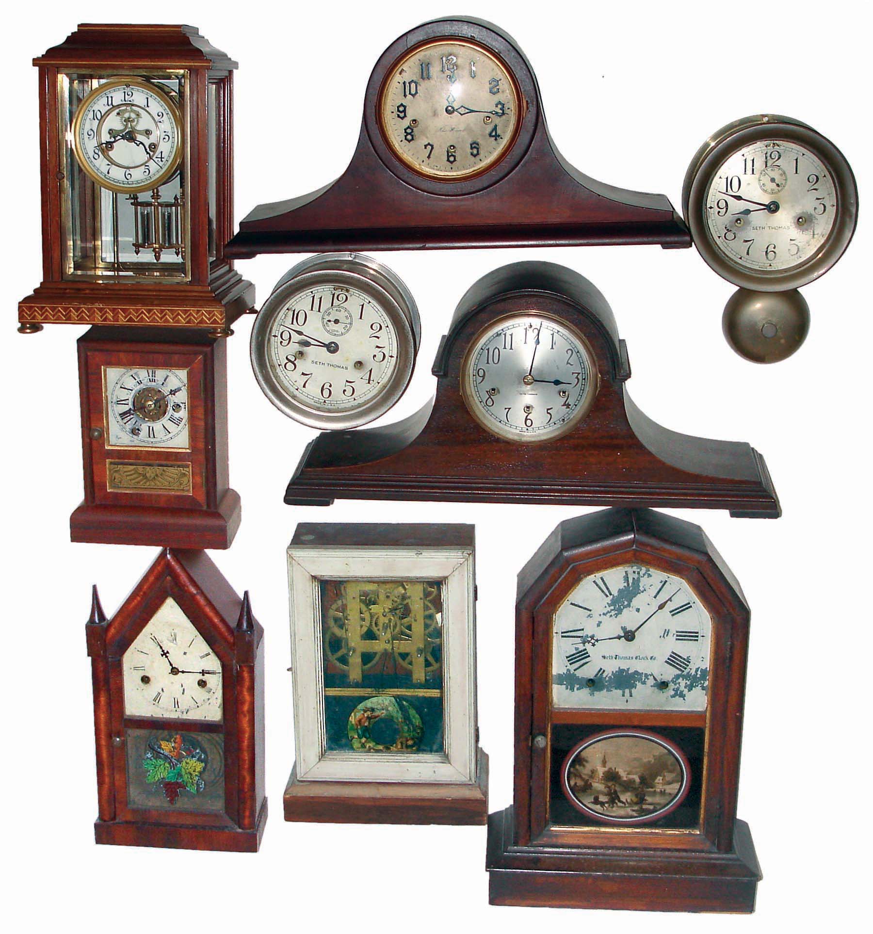 Clocks- 9 (Nine) Connecticut mantel and marine clocks: Seth Thomas and New Haven, 8 days chiming tambours; Seth Thomas marine, one outside bell; Waterbury inlaid wood, 8 days, time and strike crystal regulator; 4 shelf clocks by Seth Thomas, Jerome, Ingraham; all antique — Antique Clocks Price Guide