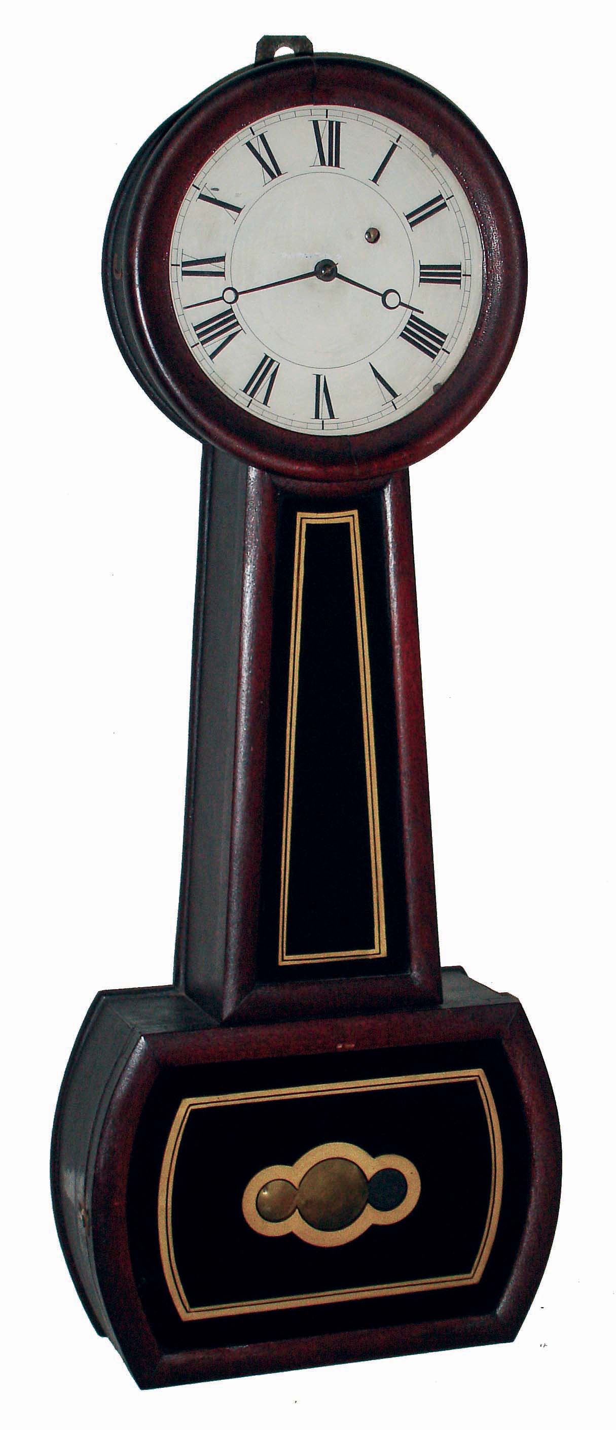 Daniel Pratt &amp; Sons, Reading and Boston, Mass., mahogany, 8 days weight driven banjo wall timepiece, c1855 — Antique Clocks Price Guide