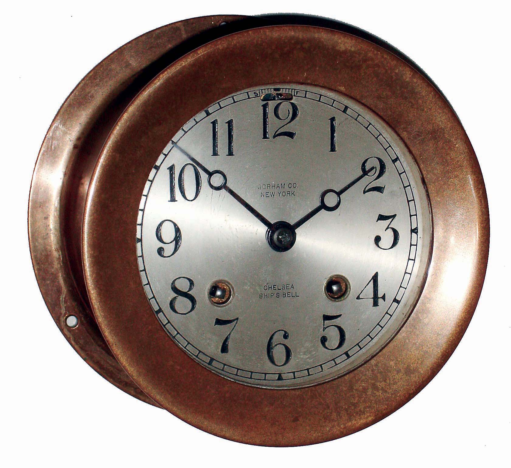 Chelsea Clock Co., Boston, Mass., for Gorham Co., New York, 4" dial brass case screw bezel, 8 days, ship's bells marine clock #172988, 1926 — Antique Clocks Price Guide