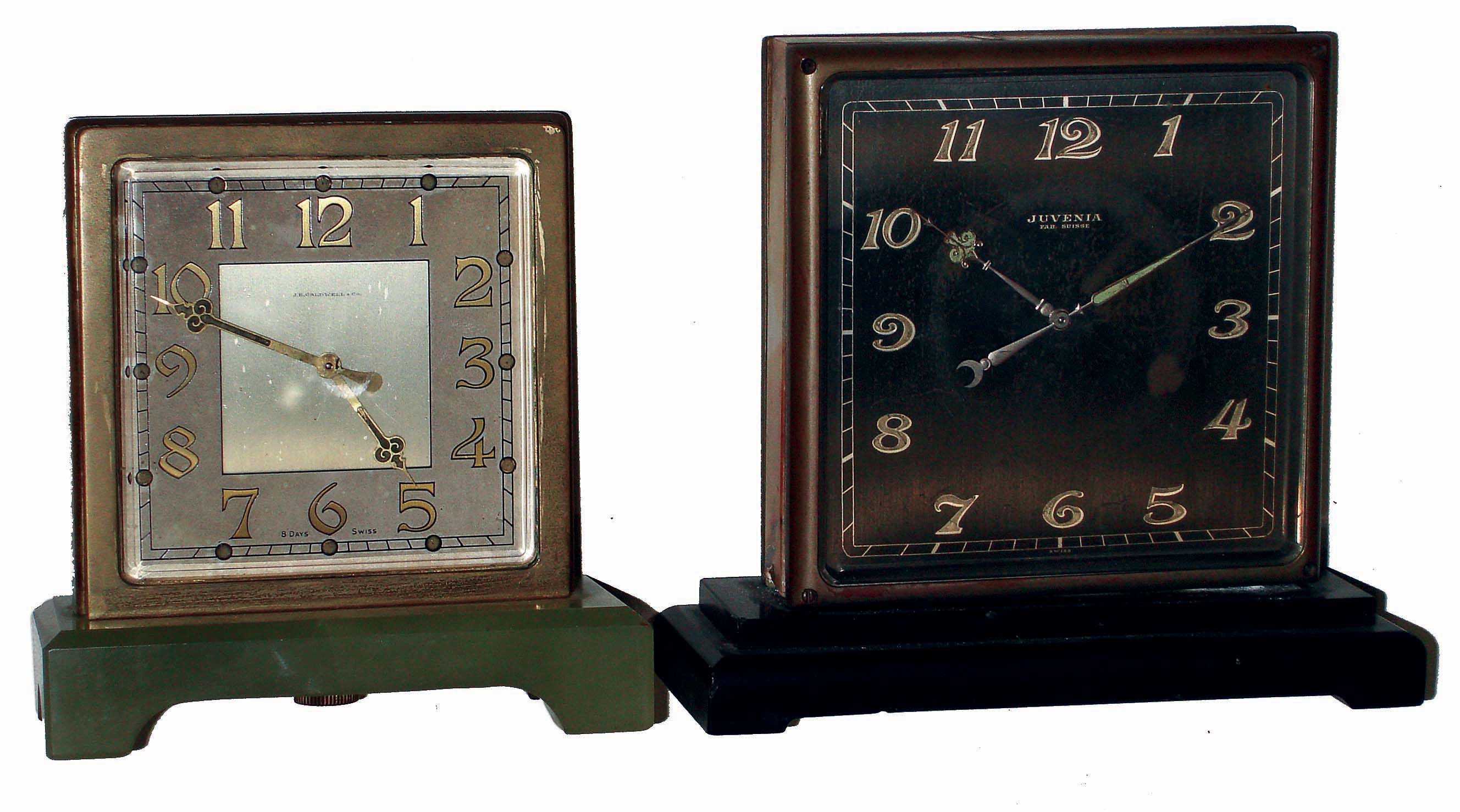 Clocks- 2 (Two) Swiss, 8 days, time only glass, brass and marble double-side desk clocks: one for J.E. Caldwell &amp; Co.; one by Juvenia; c1925 — Antique Clocks Price Guide