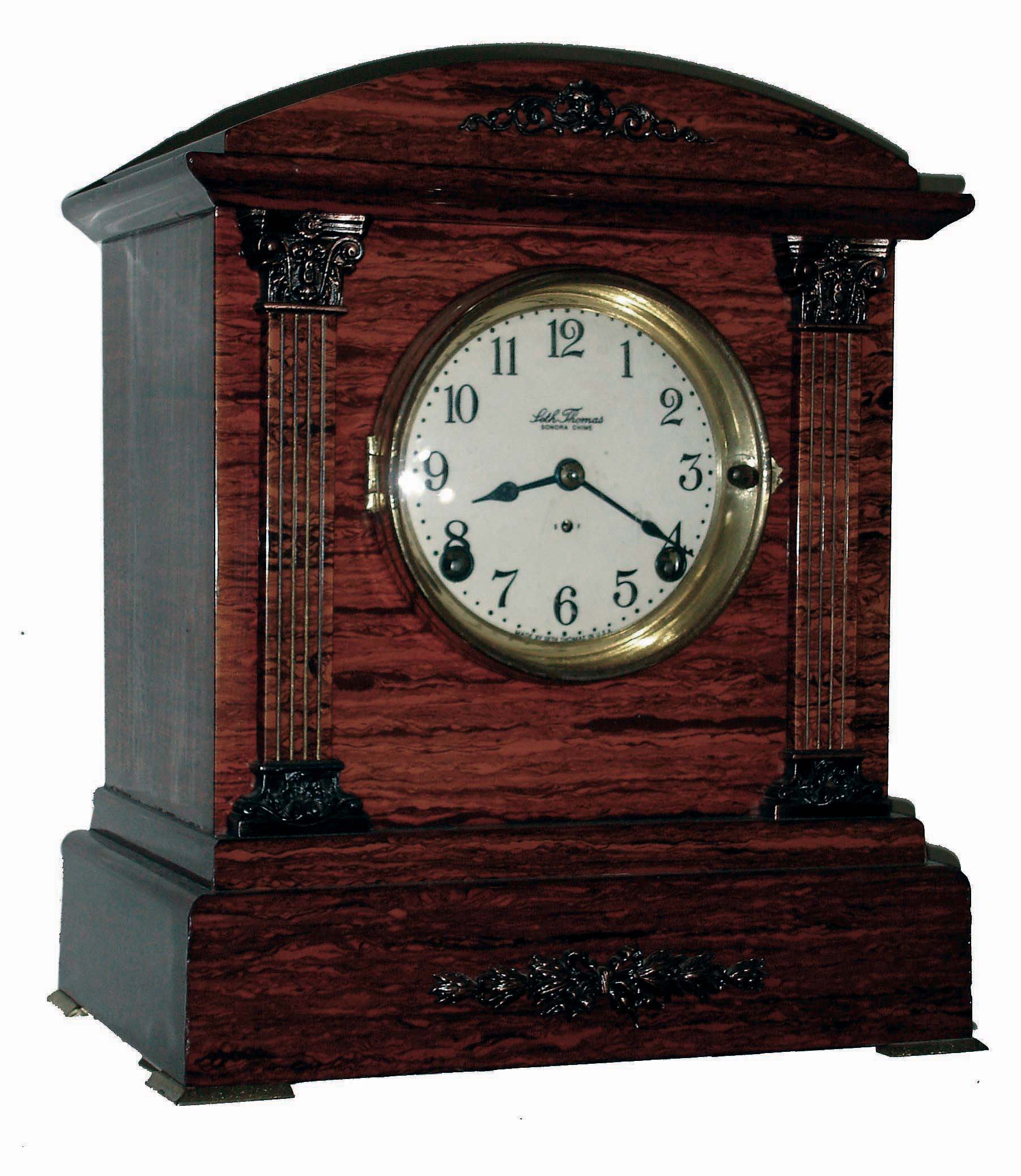 Seth Thomas Clock Co., Thomaston, Conn., Sonora 4-bell, 8 days, Westminster chime Adamantine veneer mantel clock, c1912 — Antique Clocks Price Guide