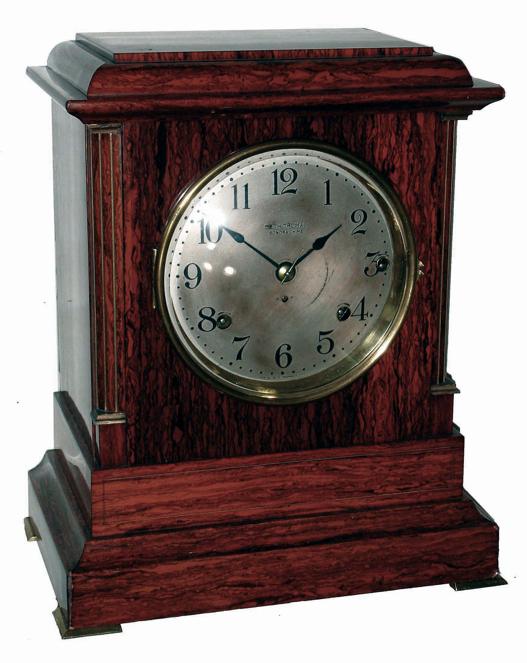 Seth Thomas Clock Co., Thomaston, Conn., Sonora "Chime No. 2", 8 days, rosewood Adamantine 4-bell time quarter chime mantel clock, c1914 — Antique Clocks Price Guide