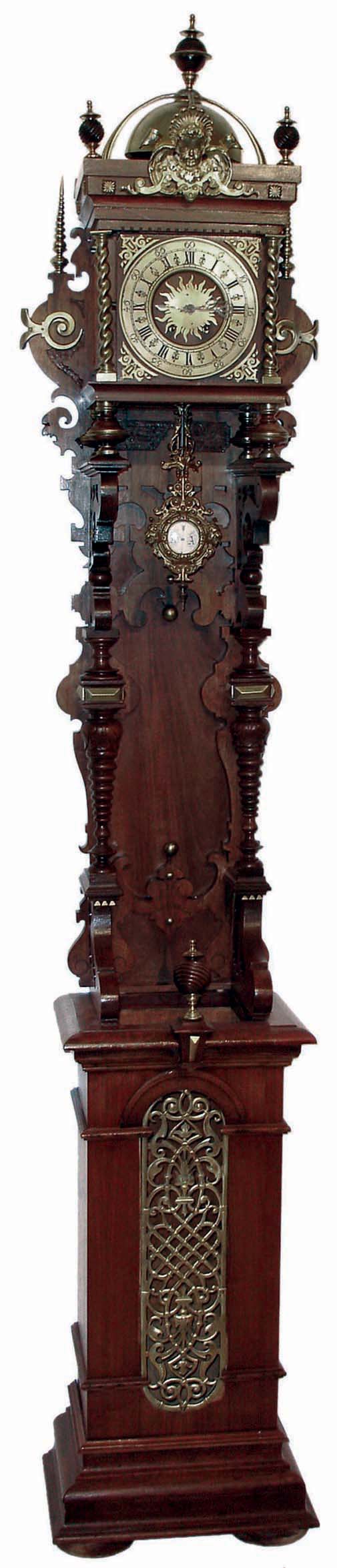 Lenzkirch, Germany, open well, floor standing clock, very ornate with many brass trimmings and fancy finials with brass bases and tips, Serial #587557, c1876 — Antique Clocks Price Guide