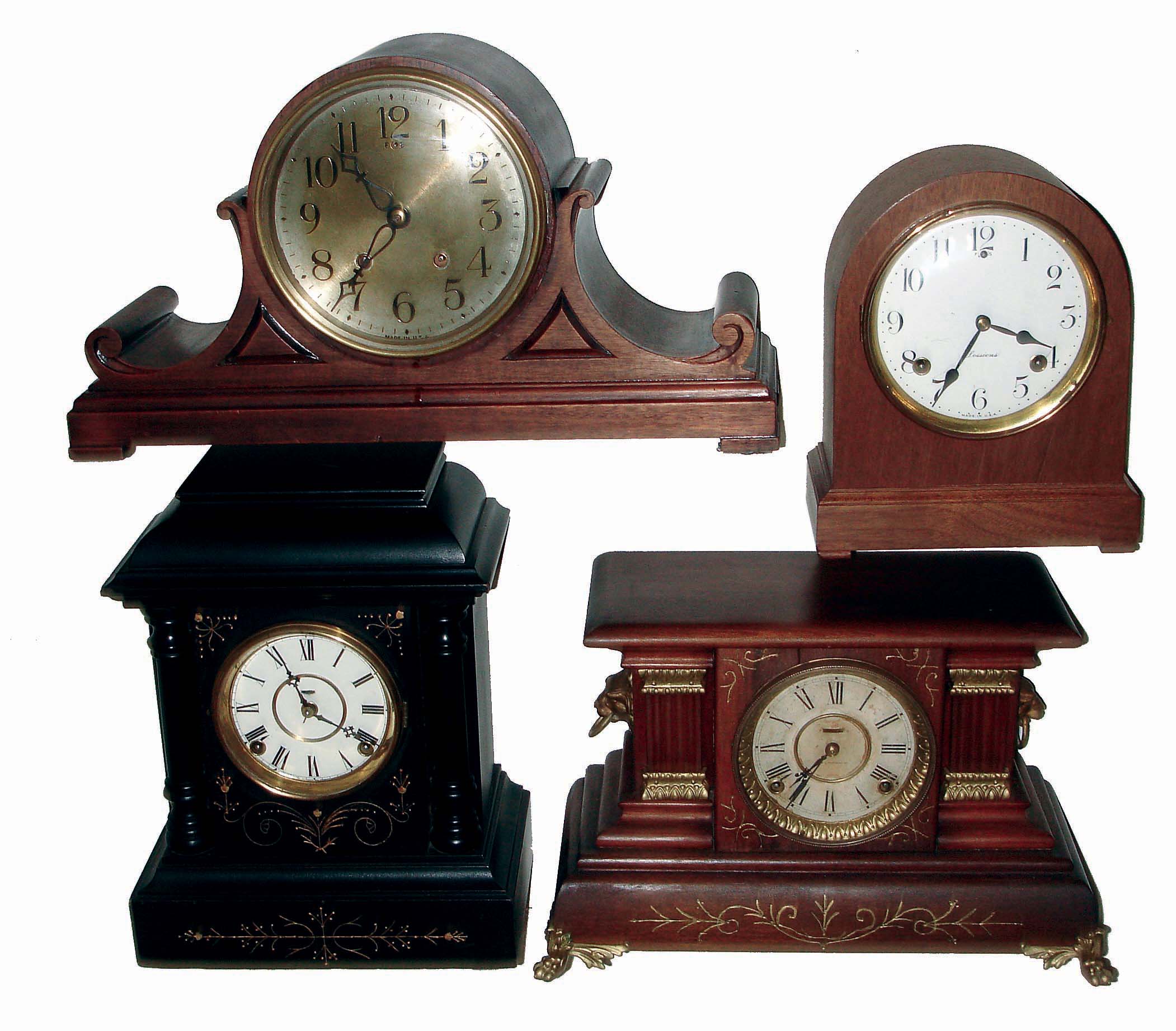 Clocks- 4 (Four) Connecticut wood case, 8 days, time and strike mantel clocks: Ingraham "Signet" and "Galatea"; Sessions round top; and unsigned fancy tambour; early 20th century — Antique Clocks Price Guide