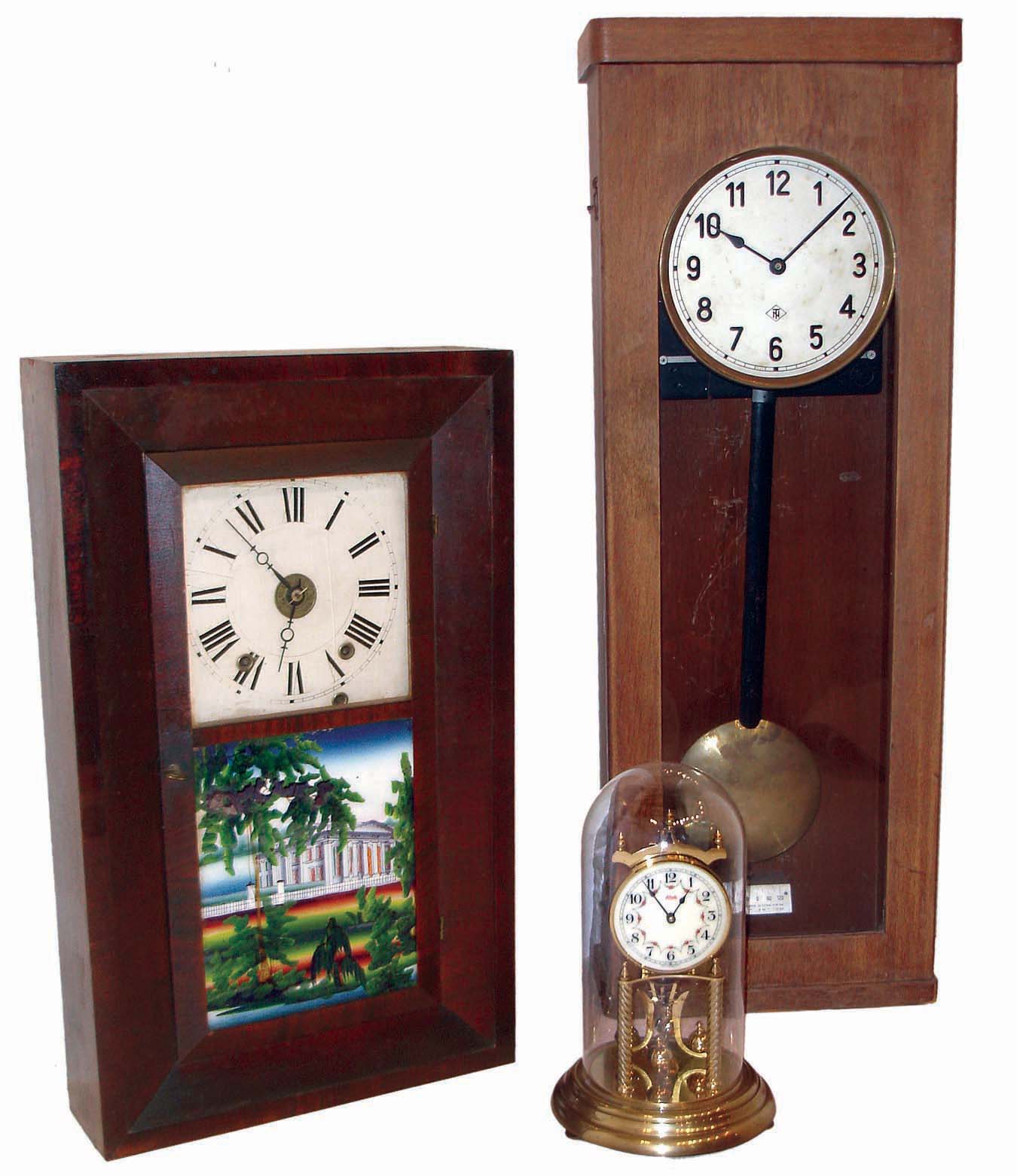 Clocks- 3 (Three): (1) German, 400-day or rotary pendulum mantel clock. (2) Boardman &amp; Wells, Bristol, Conn., 30 hours, time, strike and alarm, weight wood movement bevel case shelf clock, c1845. (3) European (German?), electric wall regulator. Dial marked "NT". — Antique Clocks Price Guide