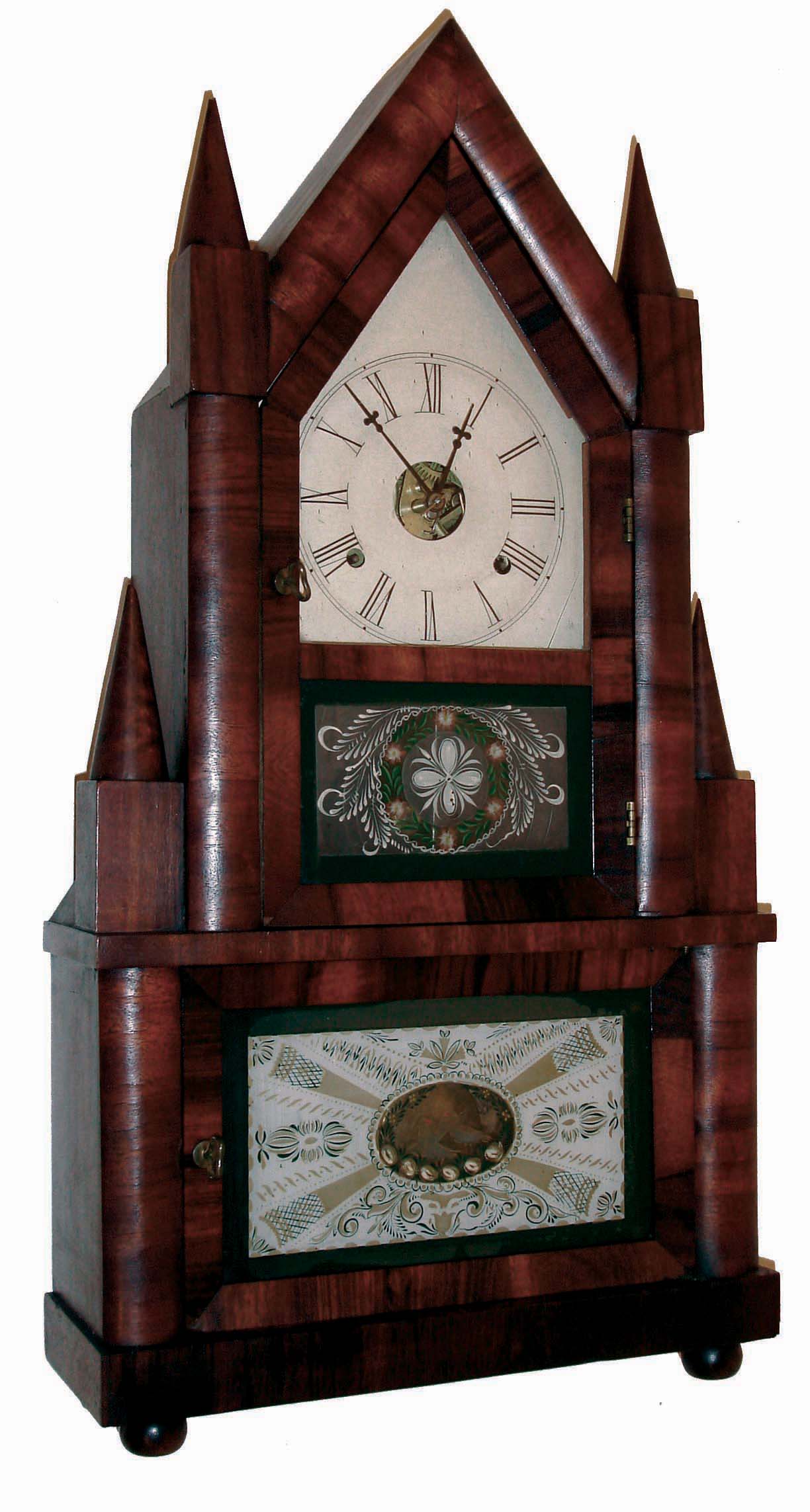 Birge &amp; Fuller, Bristol, Conn., 30 hours, time and strike, wagon spring brass movement double steeple shelf clock, c1845 — Antique Clocks Price Guide