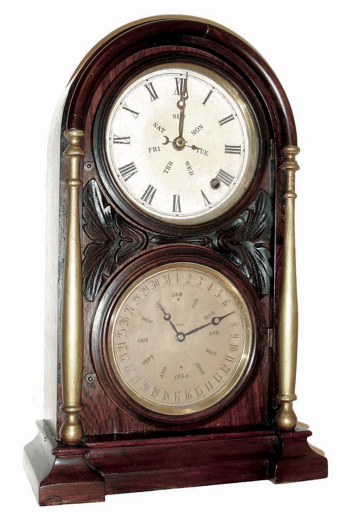 Welch, Spring &amp; Co., Forestville, Conn., "Italian No. 1" shelf clock with a spring driven, 8 days, time only movement and a B. B. Lewis perpetual calendar mechanism in a rosewood veneered case, c1872. — Antique Clocks Price Guide