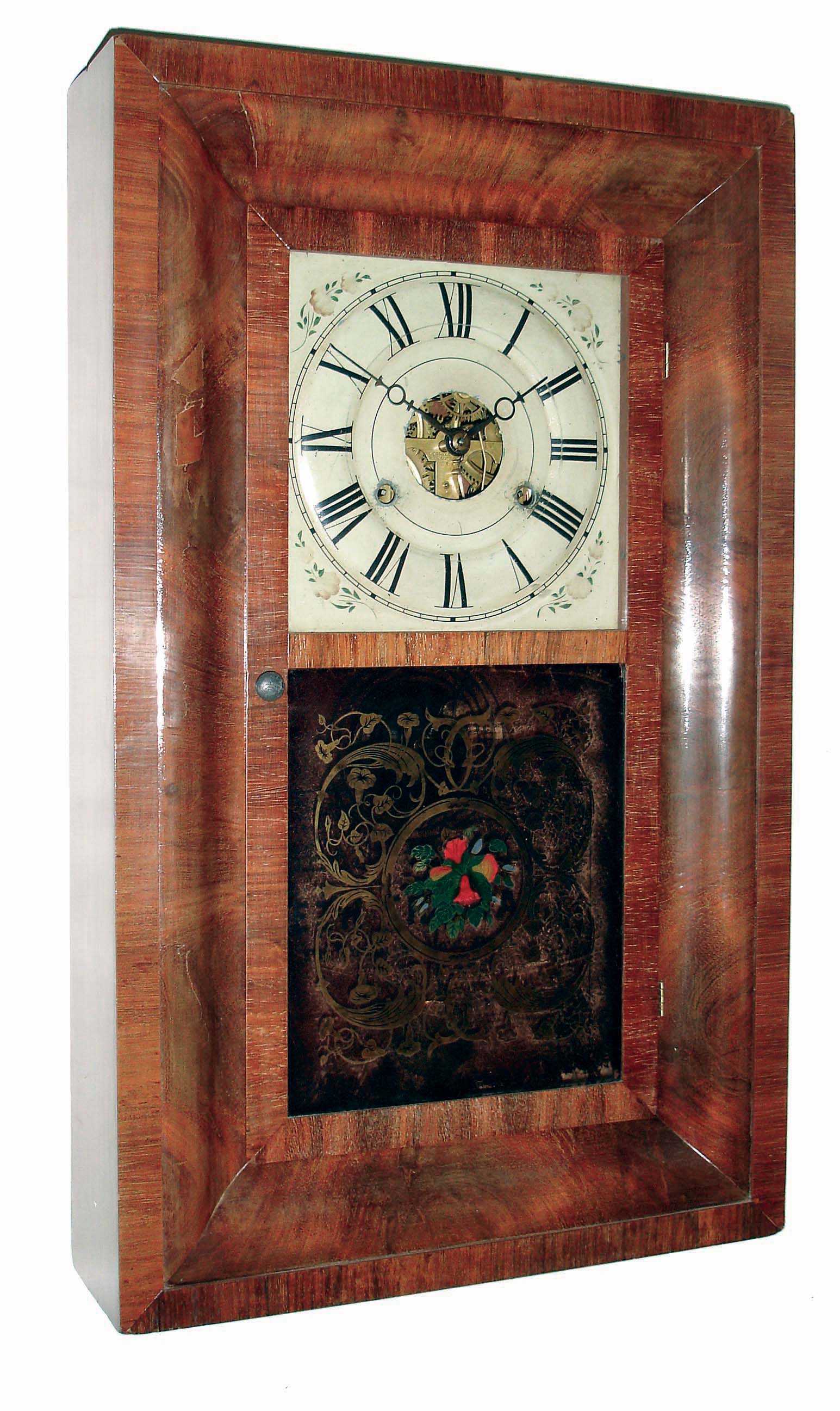 Clocks- 3 (Three) mahogany, 30 hours, time and strike, weight driven OG shelf clocks: Seth Thomas, Plymouth Hollow; Gilbert with sailboat glass tablet and alarm; Atkins &amp; Porter; c1855 — Antique Clocks Price Guide