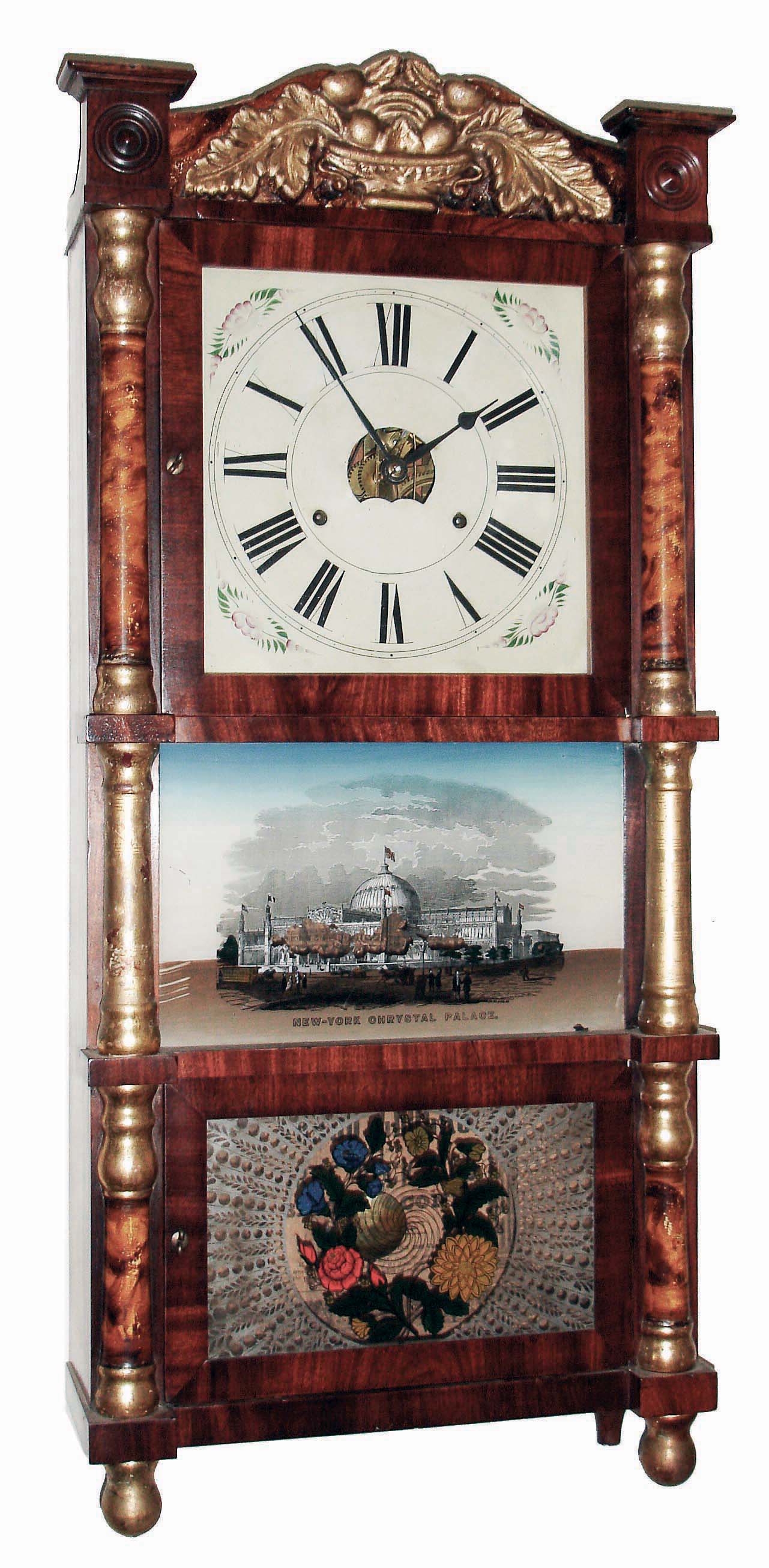 Birge, Peck &amp; Co., Bristol, Conn., mahogany, 8 days, time and strike, weight driven triple decker shelf clock, c1850 — Antique Clocks Price Guide