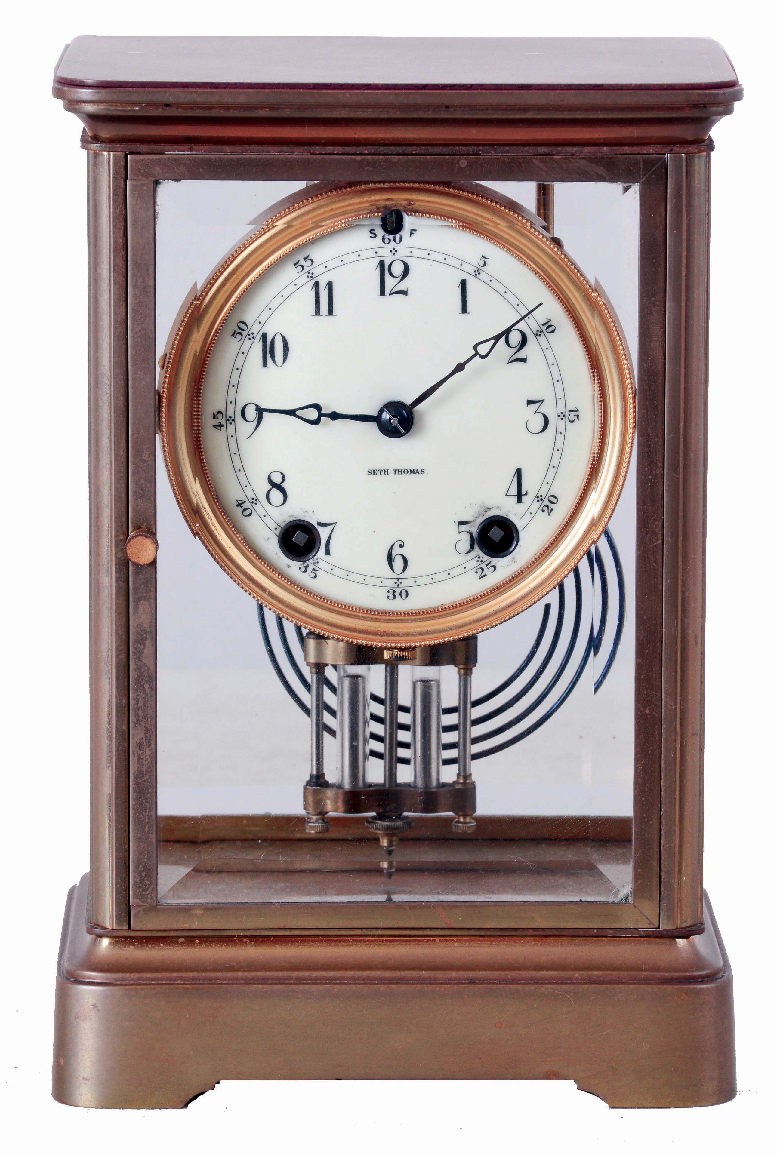 Seth Thomas Clock Co., Thomaston, Conn., "Empire No. 200", 8 days, time and strike, spring driven brass movement, brass and glass crystal regulator shelf clock, c1907 — Antique Clocks Price Guide