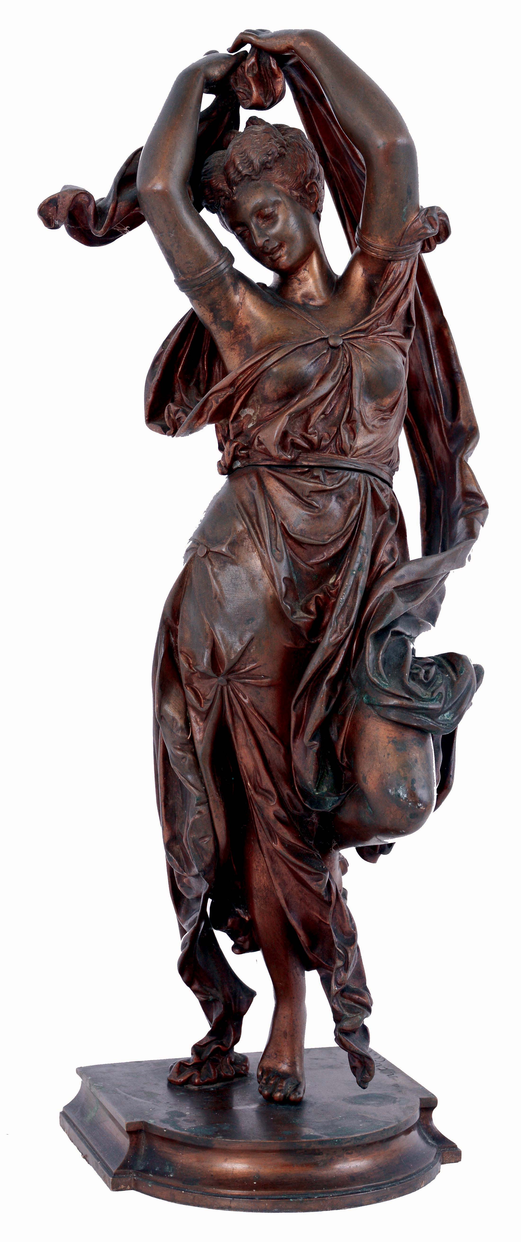 A. Carrier, bronze figure of a young woman in a flowing dress with sash, red- bronze patinated surface, and fixed to a signed, molded base, c1900 — Antique Clocks Price Guide