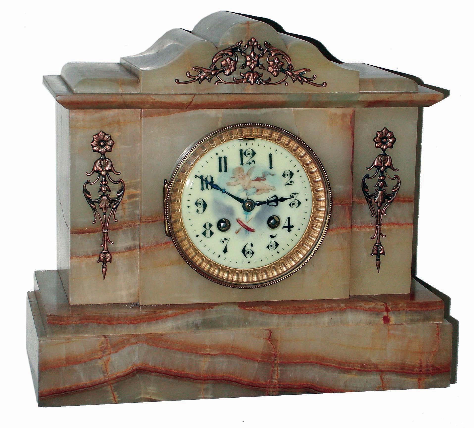 Clocks- 4 (Four): (1) large French black marble, 8 days, time and strike mantel clock with visible escapement, c1890; (2) Schatz German square brass and glass 1000 day anniversary clock, c1952; (3) Kundo German brass and glass 400 day, c1965; (4) French onyx, 8 days time and strike mantel clock, painted porcelain dial, balance platform, c1900 — Antique Clocks Price Guide
