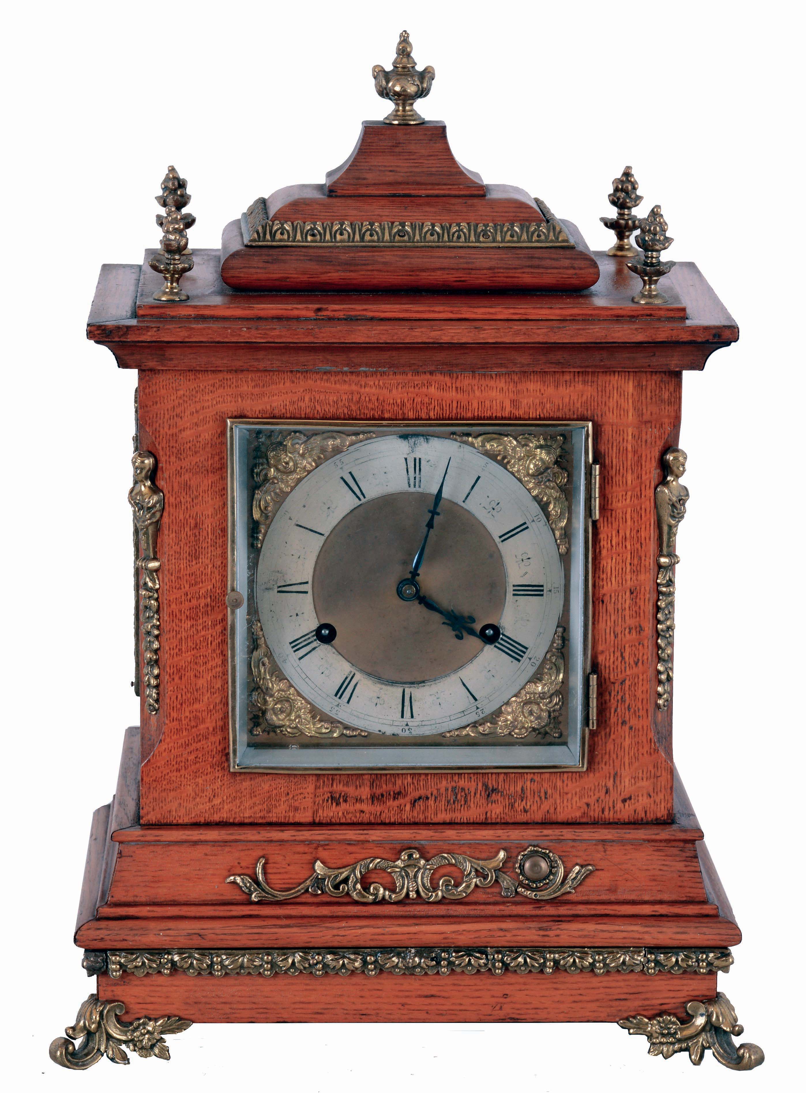 New Haven Clock Co., New Haven, Conn., "Chime Clock No. 3" shelf clock in a light oak case with a spring driven, 8 days, time and strike movement with Westminster chimes on 5 cathedral gongs, c1900. — Antique Clocks Price Guide