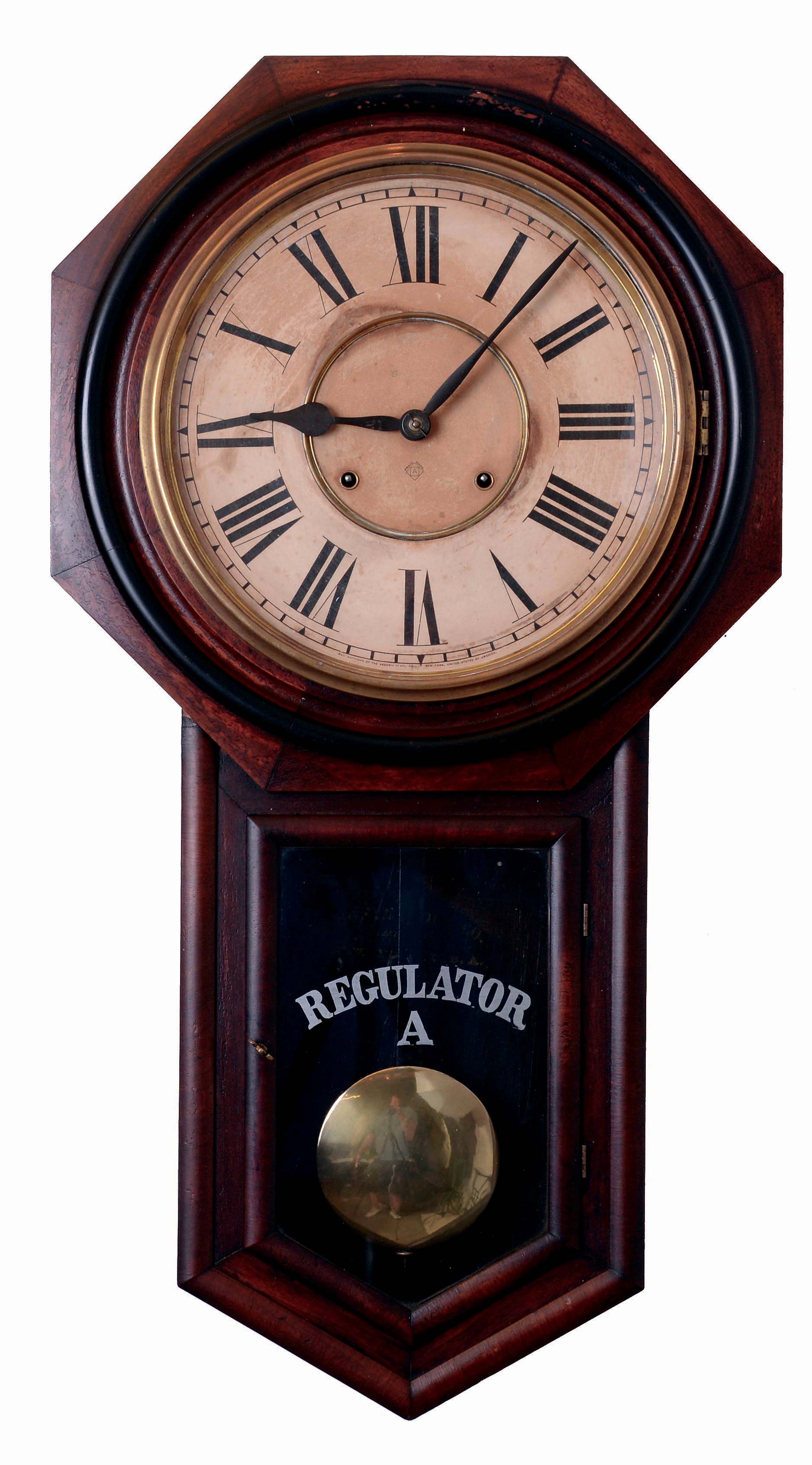 Ansonia Clock Co., New York, NY, "Regulator A" with a black walnut case and spring driven, 8 days, time and strike movement, c1884. — Antique Clocks Price Guide