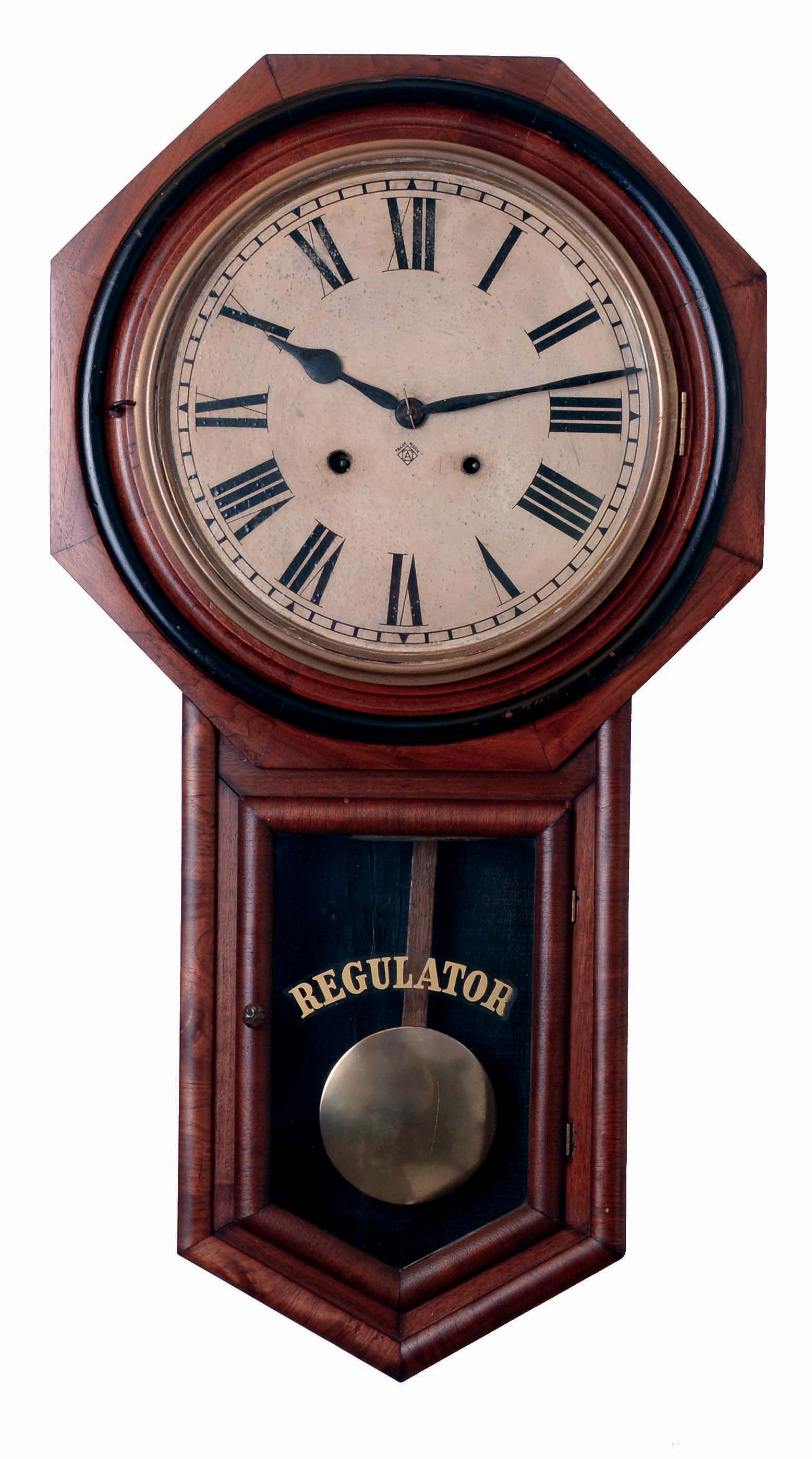 Ansonia Clock Co., New York, NY, "Regulator A" in a black walnut case with an spring driven, 8 days, time and strike movement, c1884. — Antique Clocks Price Guide