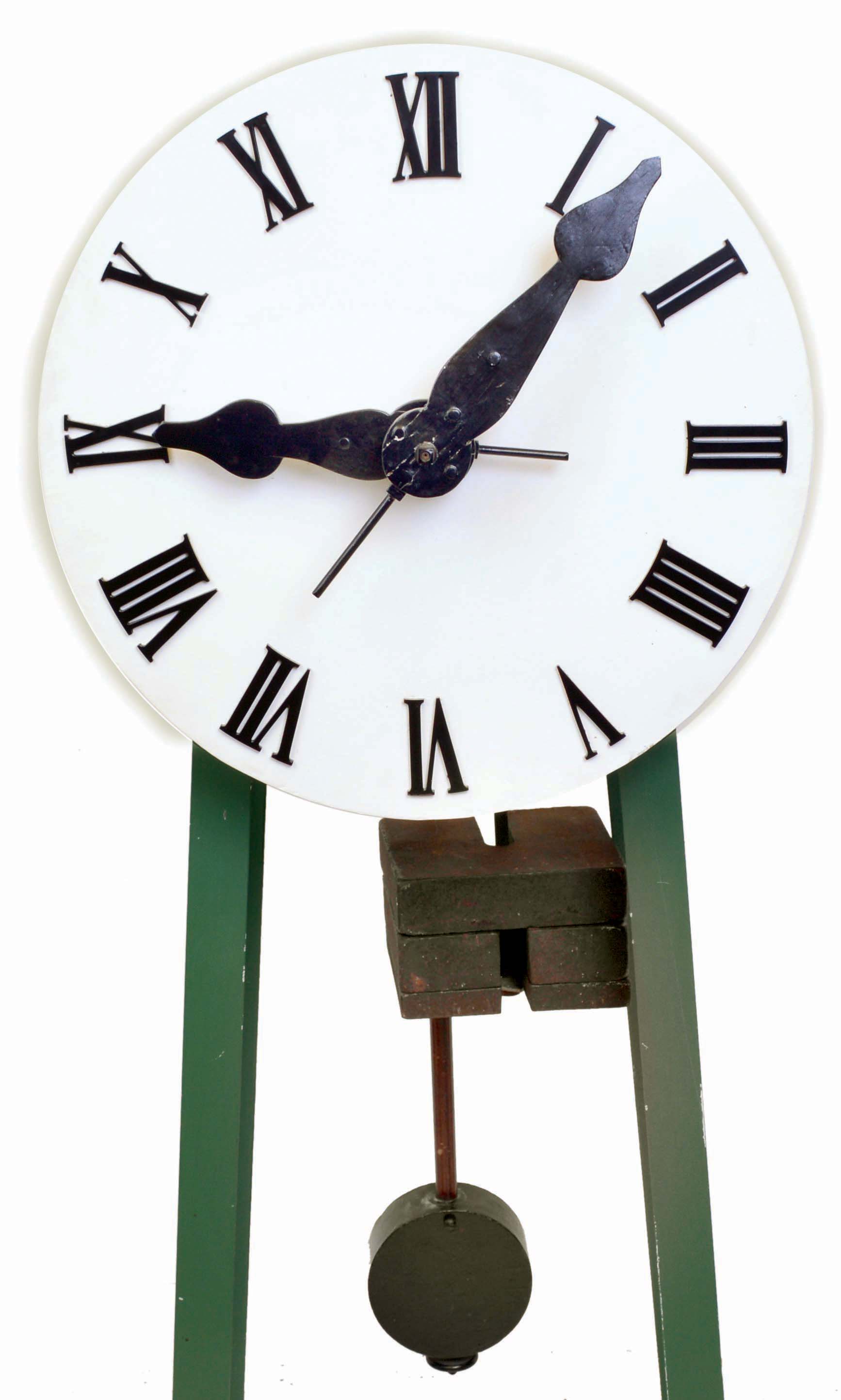 E. Howard &amp; Co., Boston, Mass., "Timepiece" tower or street clock, time only, weight driven movement stamped "3587" with maintaining power, c1890, with a modern painted cast iron frame and a painted wooden dial and plastic numerals. — Antique Clocks Price Guide