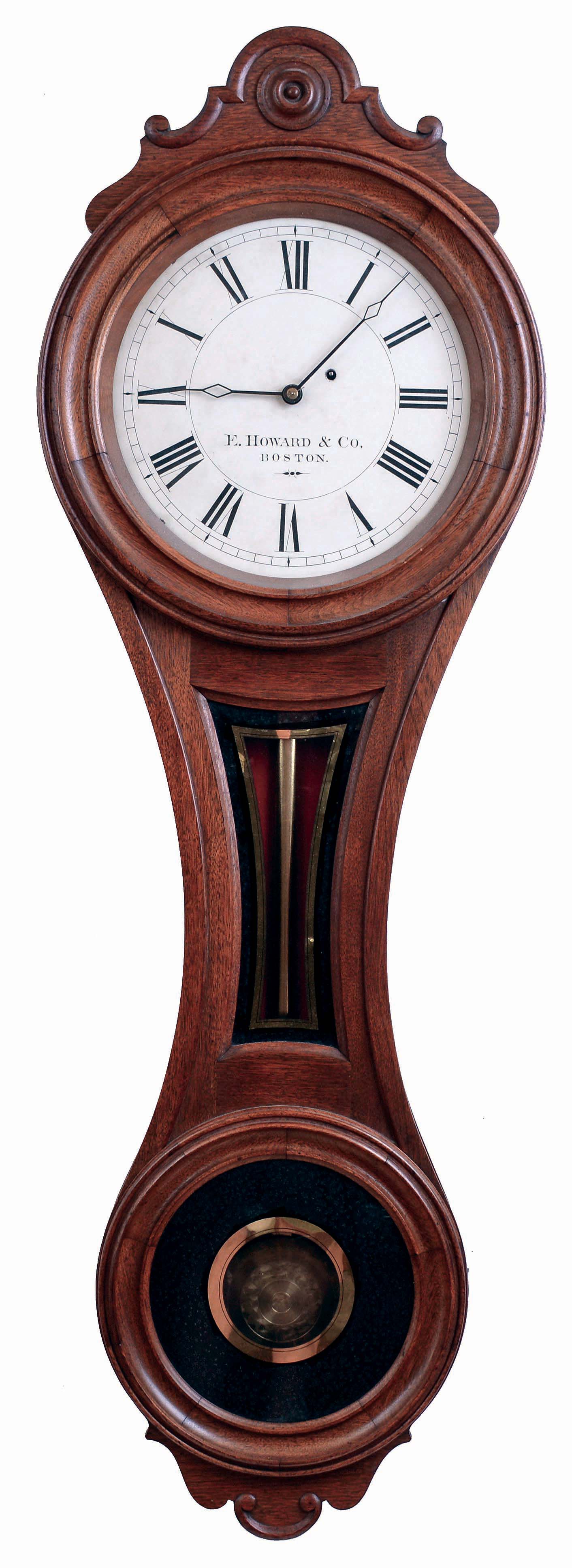 E. Howard &amp; Co., Boston, Mass., "No. 7 Regulator", wall clock, 8 days, time only, weight driven movement in a walnut case with a painted metal dial and reverse painted throat and lower tablets, dated 1875 — Antique Clocks Price Guide