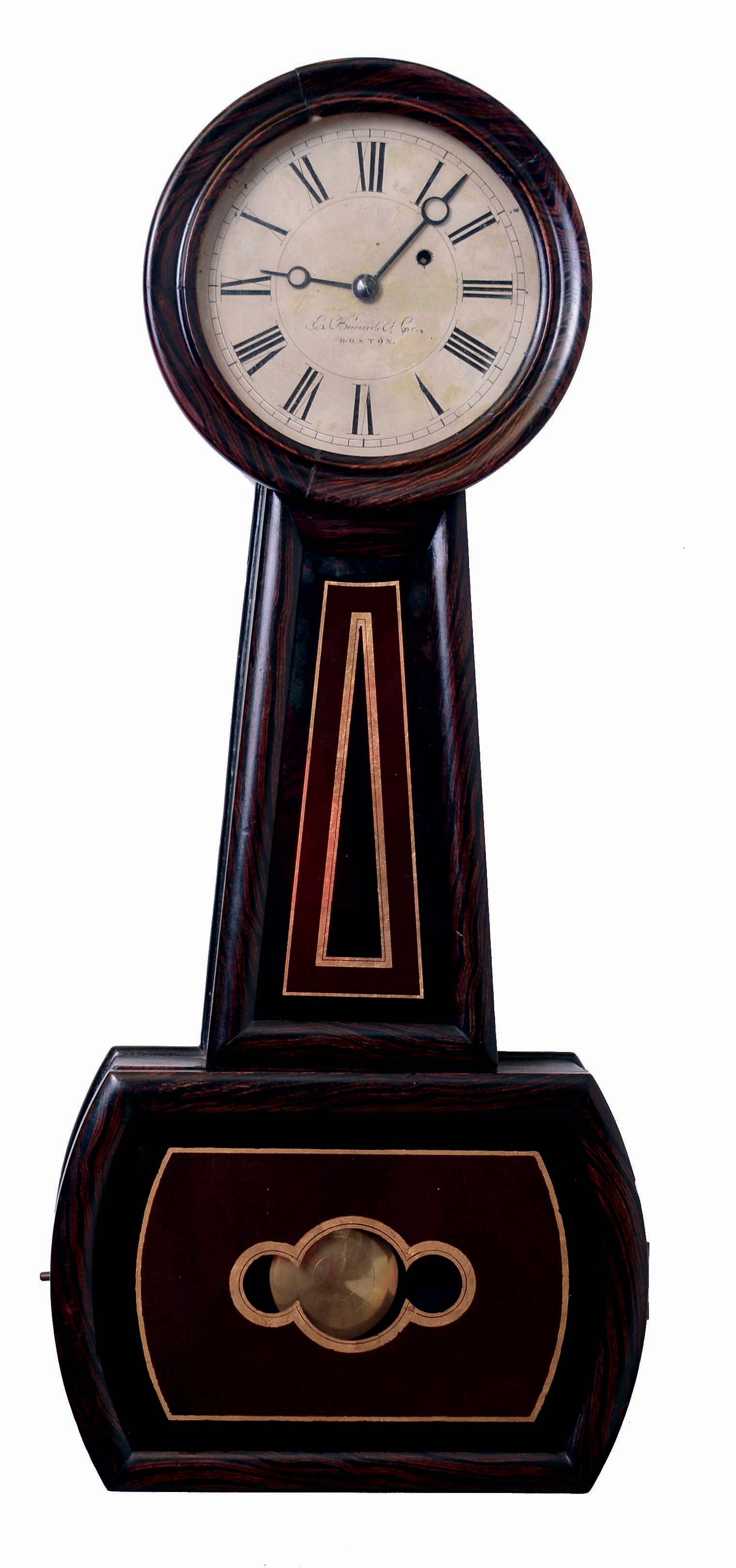 E. Howard &amp; Co., Boston, Mass., "No. 4 Regulator", banjo wall clock, 8 days, time only, weight driven movement in a rosewood grain painted case with a painted metal dial and reverse painted throat and lower tablets, c1885 — Antique Clocks Price Guide