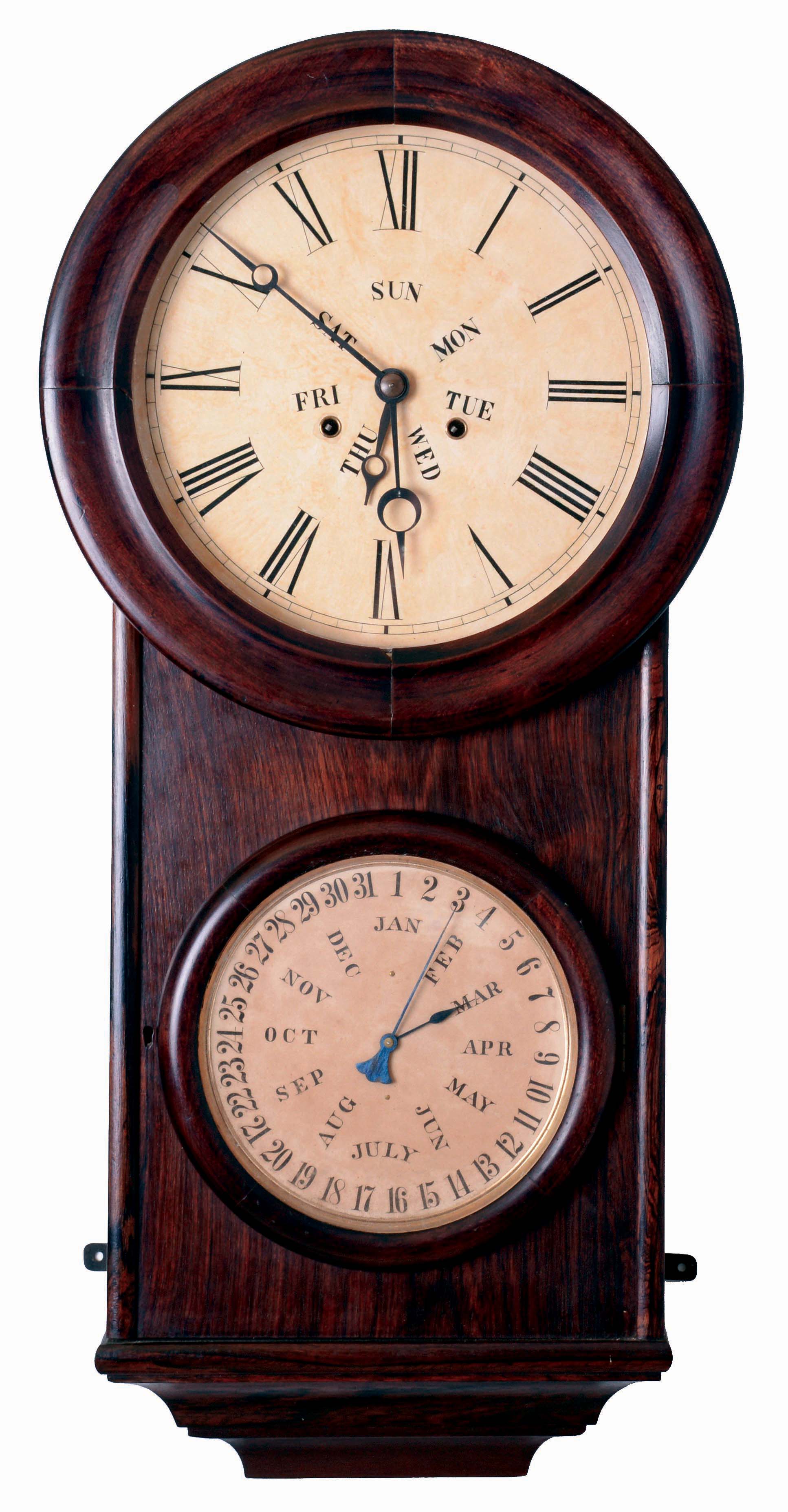 L.F. &amp; W.W. Carter, Bristol, Conn., wall hanging Calendar clock with weight driven, 8 days timepiece movement and a BB Lewis perpetual calendar mechanism in a rosewood case, c1865. — Antique Clocks Price Guide