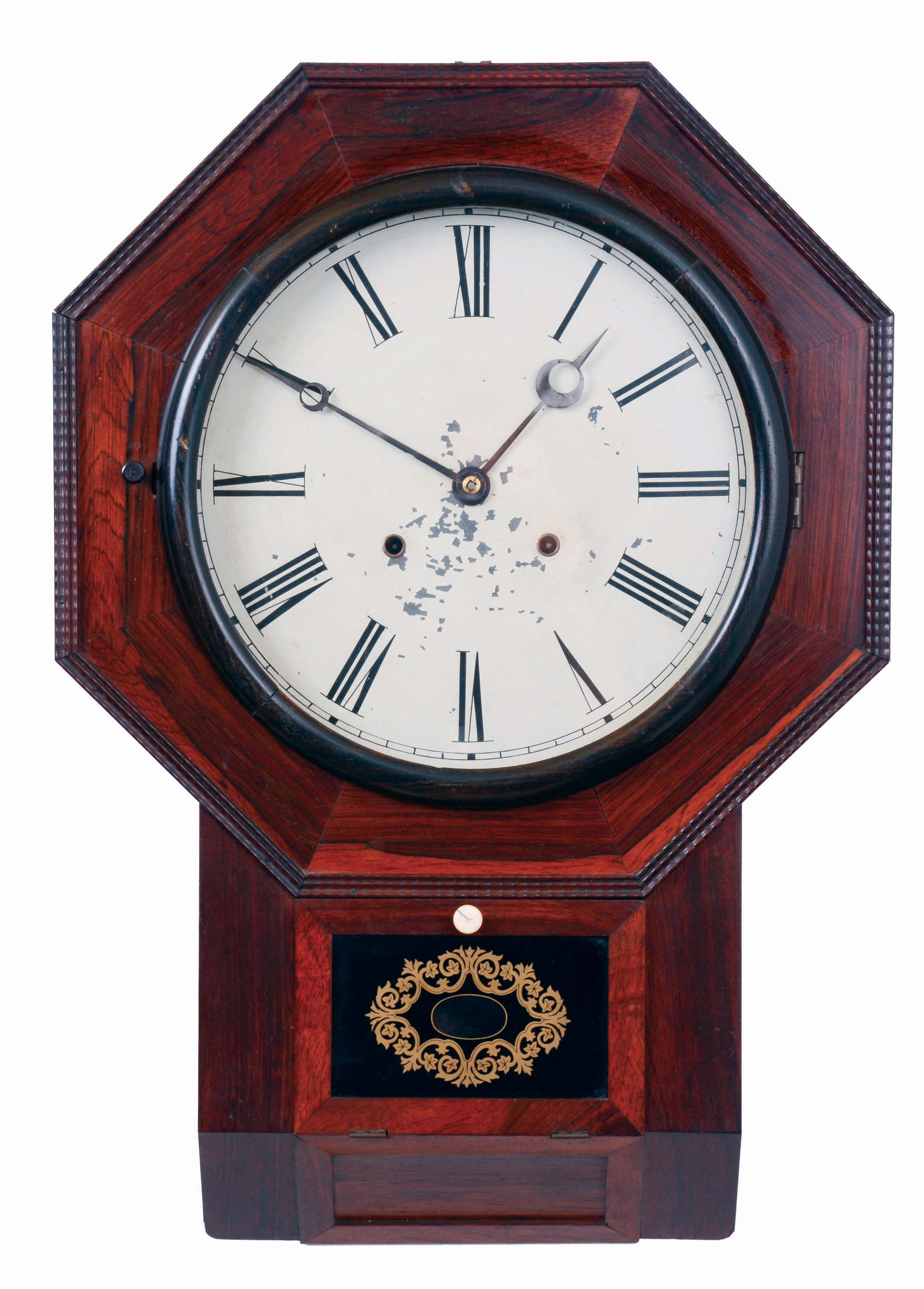 Atkins Clock Co., Bristol, Conn "Drop Octagon" wall clock in a rosewood case with a spring driven, 8 days, time &amp; strike movement, c1863. — Antique Clocks Price Guide