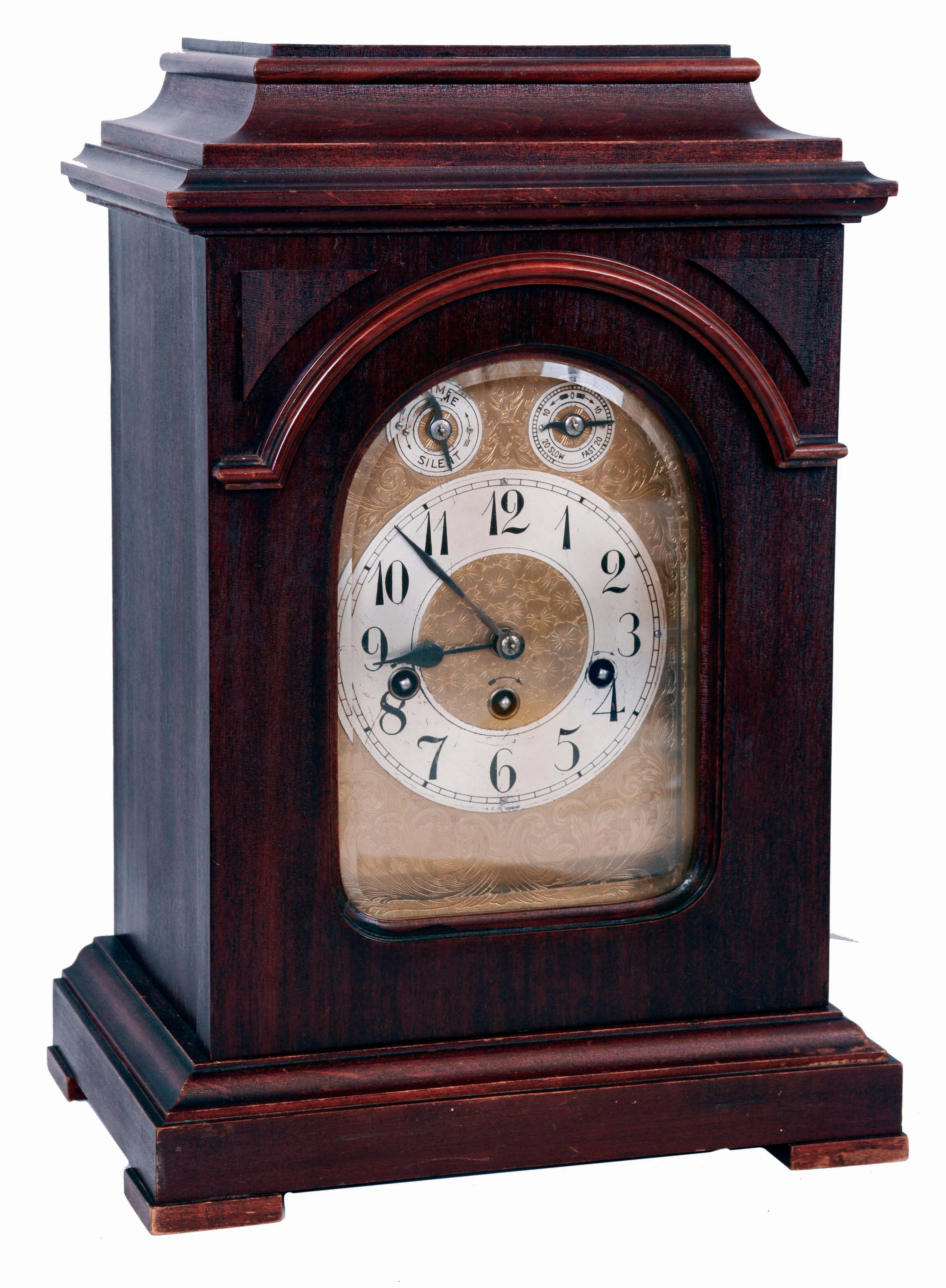 German, probably Junghans 8 days, time, strike and Westminster Chime, spring driven brass movement bracket clock, c1910 — Antique Clocks Price Guide