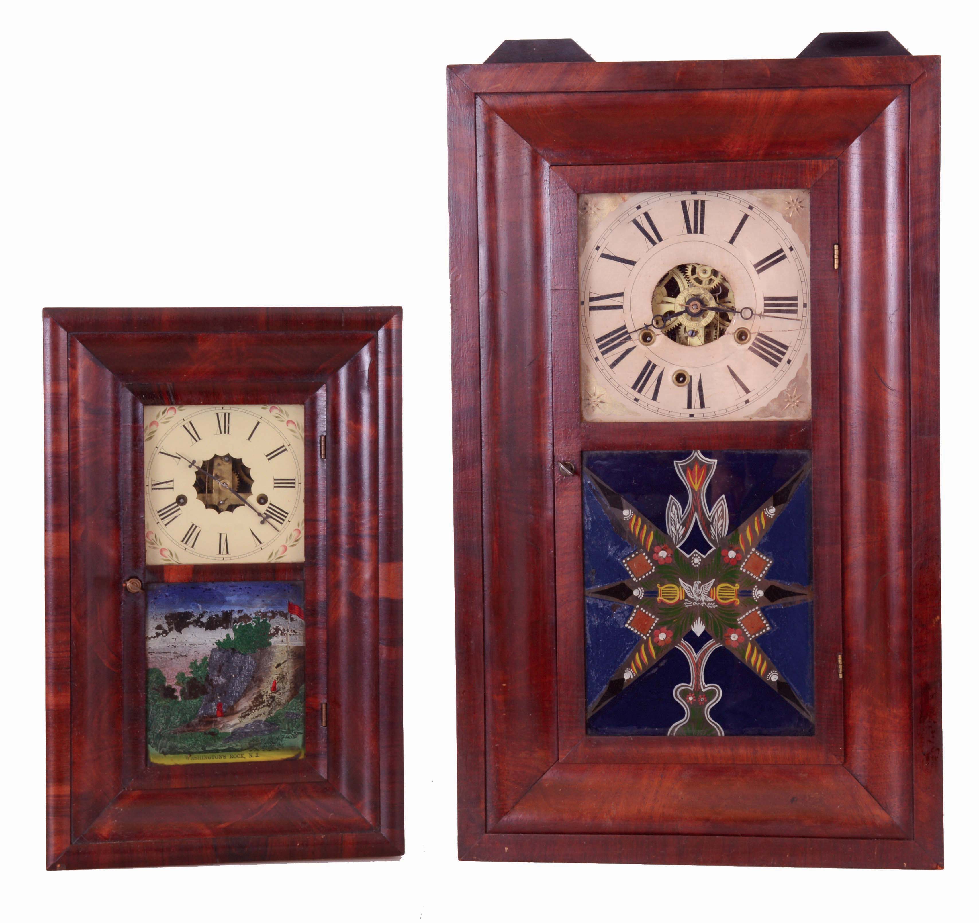 Clocks- 2 (Two) OG's and two wooden shelves: (1) William Johnson OG with alarm, 8 days, weight driven; (2) New Haven, 8 days, miniature OG; (3) large unfinished rustic shelf made from type of softwood; (4) banjo presentation base cherry shelf with "acorn" motif at bottom and girandole accents — Antique Clocks Price Guide
