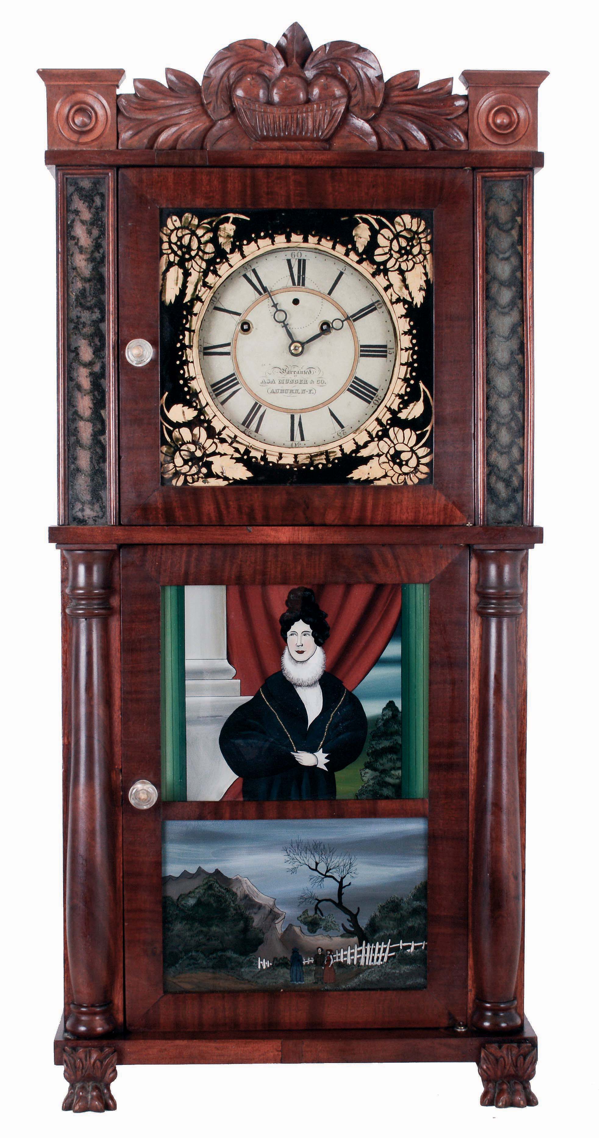 Asa Munger &amp; Co., Auburn, New York, 8 days, time and strike, weight driven brass movement column and carved splat shelf clock, c1832 — Antique Clocks Price Guide