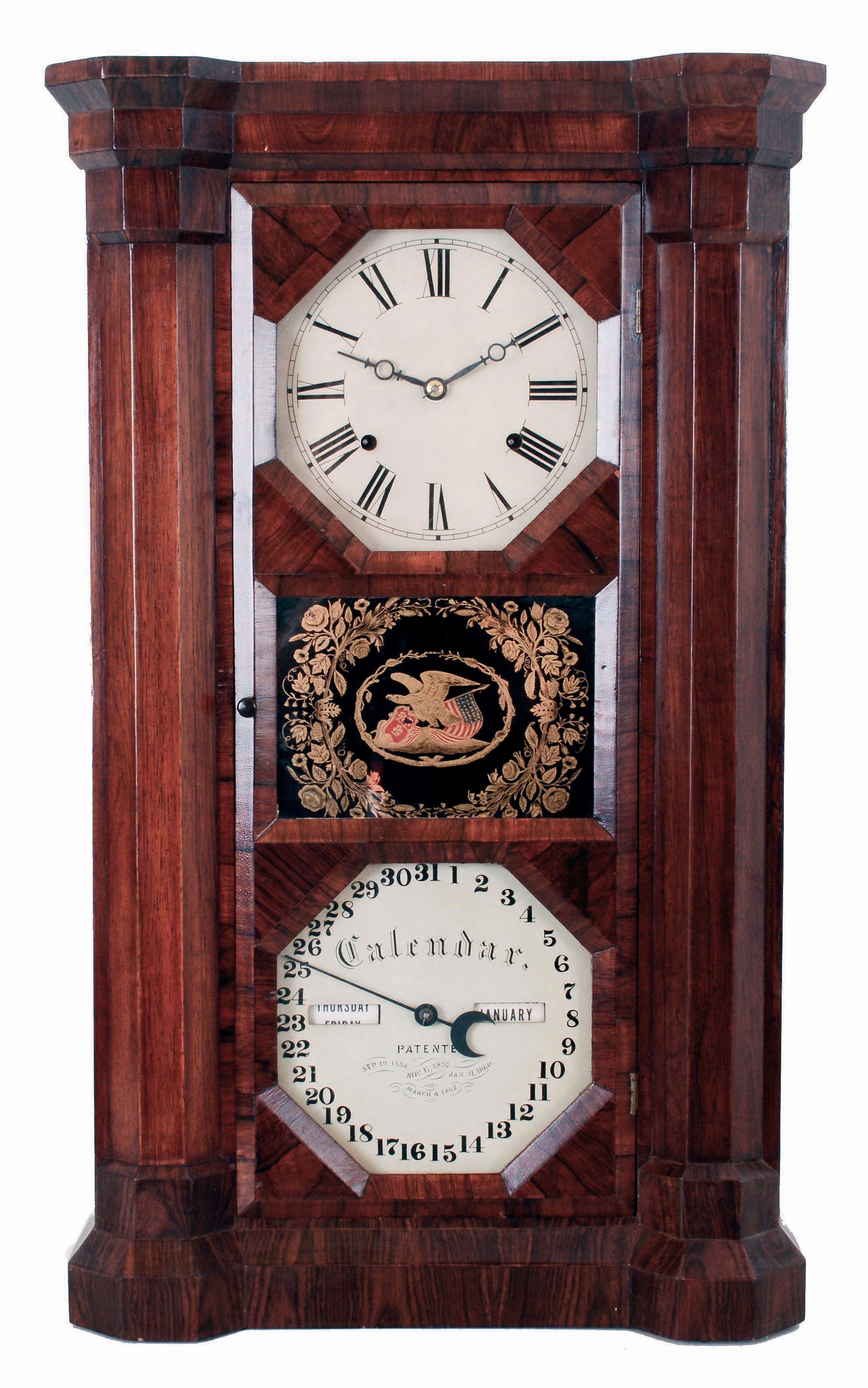 Seth Thomas Clock Co., Plymouth Hollow, Conn. "Parlor Calendar" clock in rosewood case with 8 days, weight driven, time and strike lyre movement and Mix Brothers calendar mechanism, c1864. — Antique Clocks Price Guide